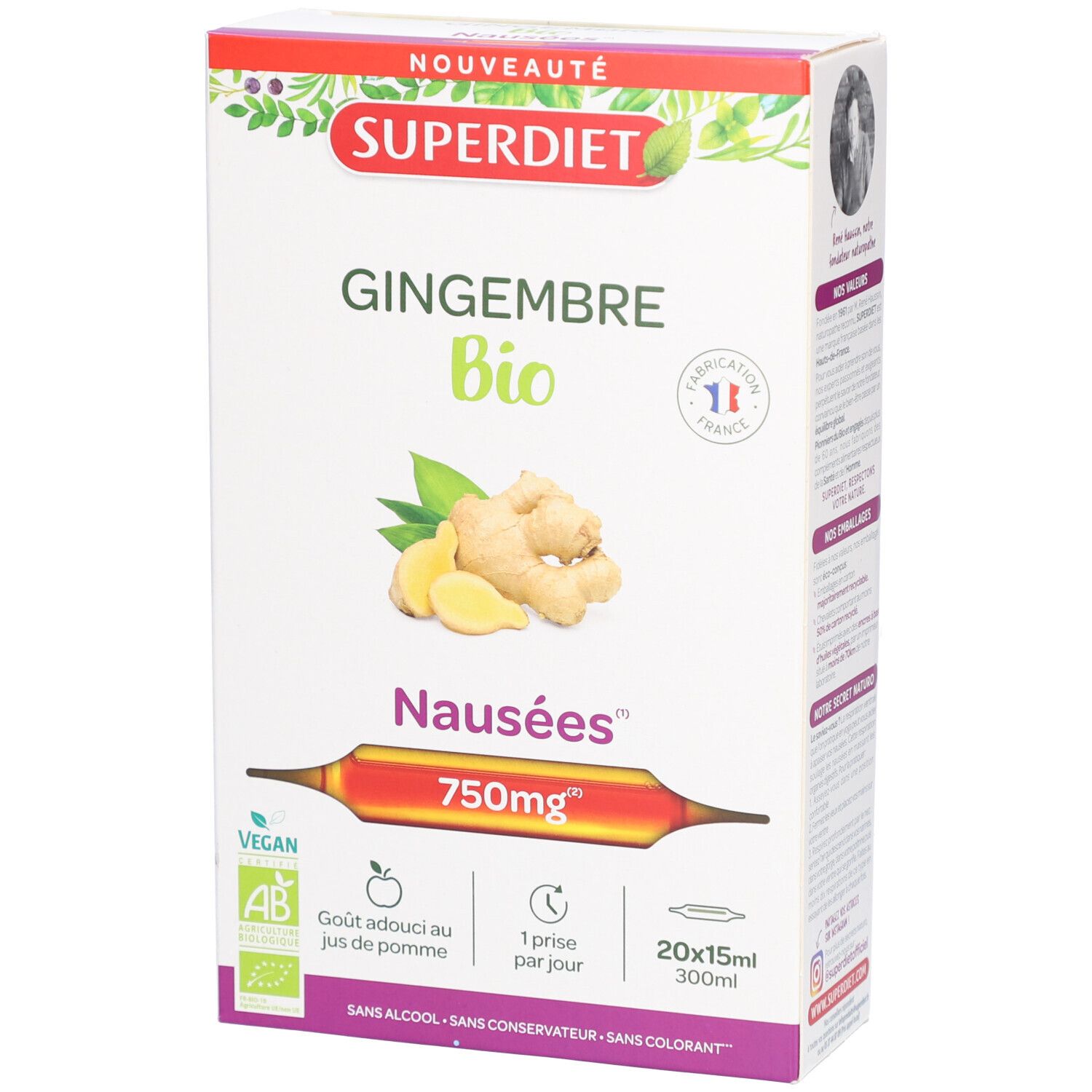 Superdiet Bio-Ingwer-Verpackung mit 750mg. Produktname und Logo deutlich sichtbar. Vegan- und Bio-Zertifizierungen.