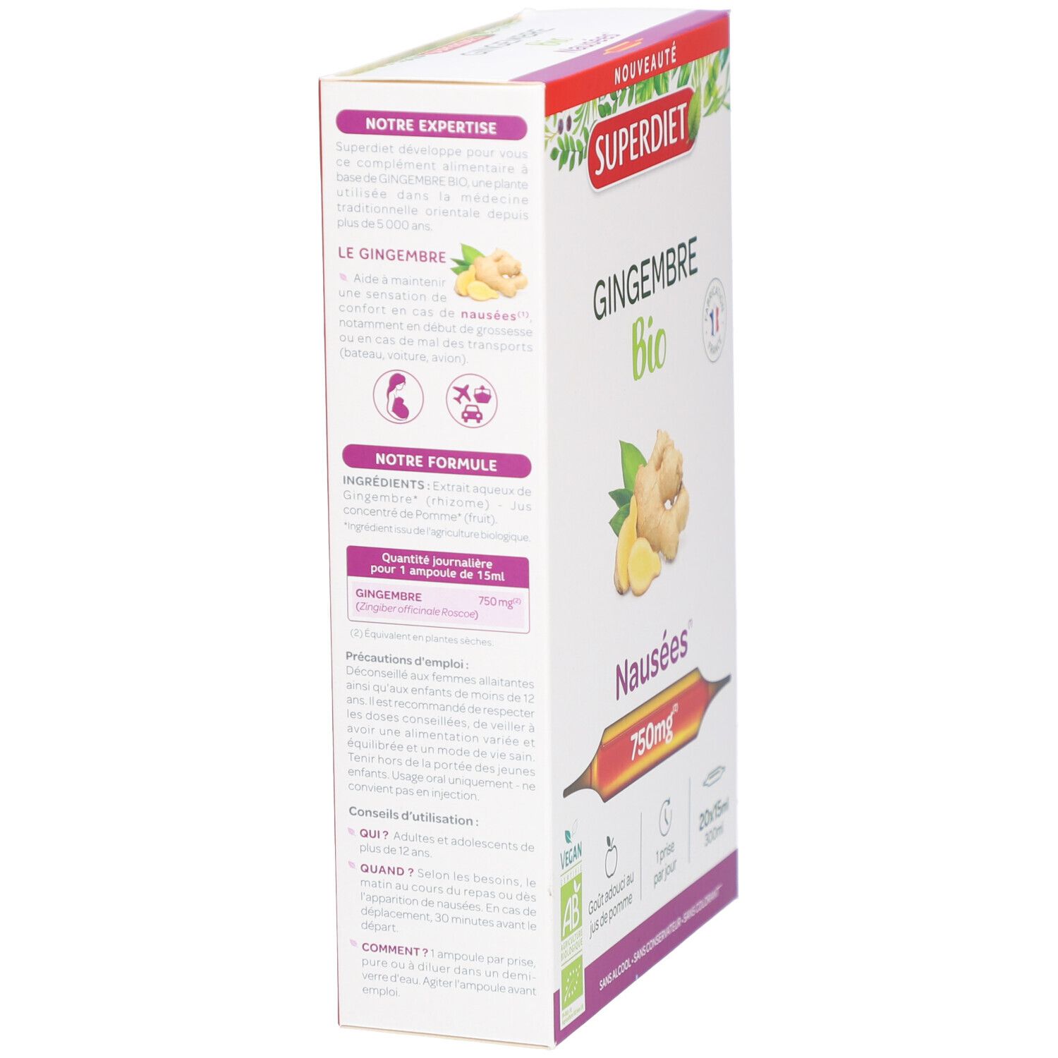 Superdiet Bio-Ingwer-Verpackung, Detailansicht. Produktinformationen und Logo sichtbar. Vegan- und Bio-Zertifizierungen.