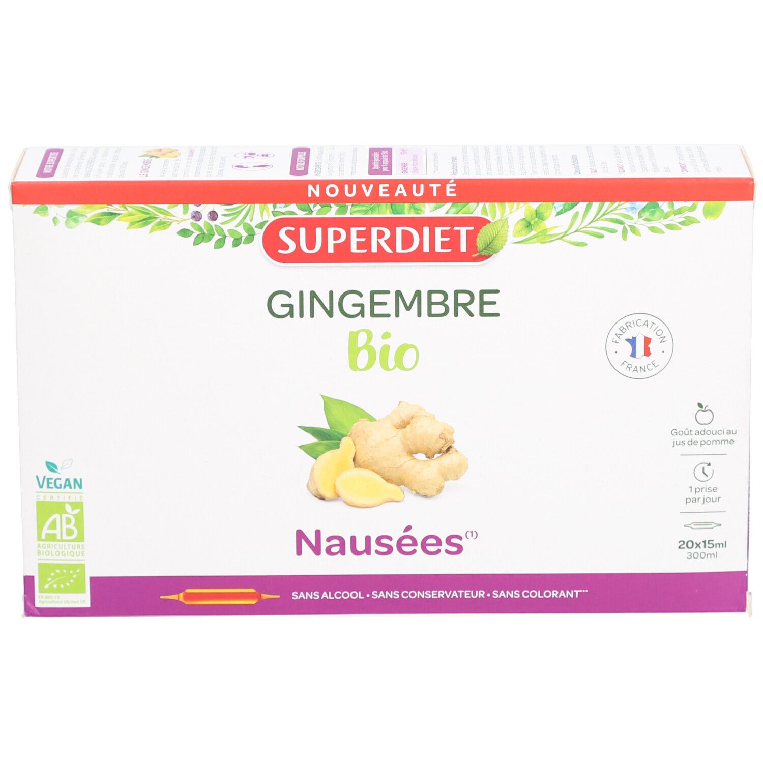 Superdiet Bio-Ingwer-Verpackung. Produktname und Logo deutlich sichtbar. Vegan- und Bio-Zertifizierungen. Hergestellt in Frankreich.