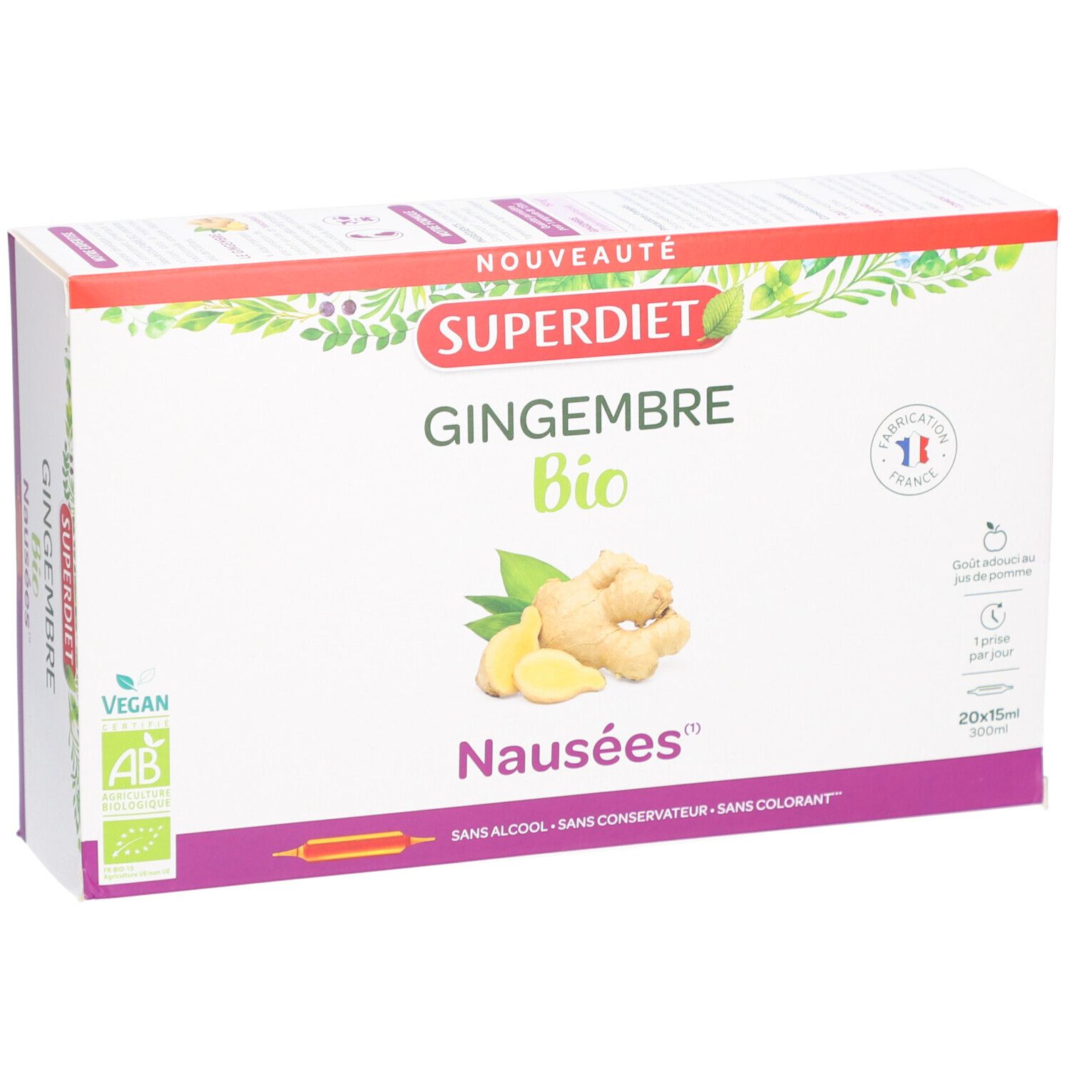 Superdiet Bio-Ingwer-Verpackung. Produktname und Logo deutlich sichtbar. Vegan- und Bio-Zertifizierungen. Hergestellt in Frankreich.