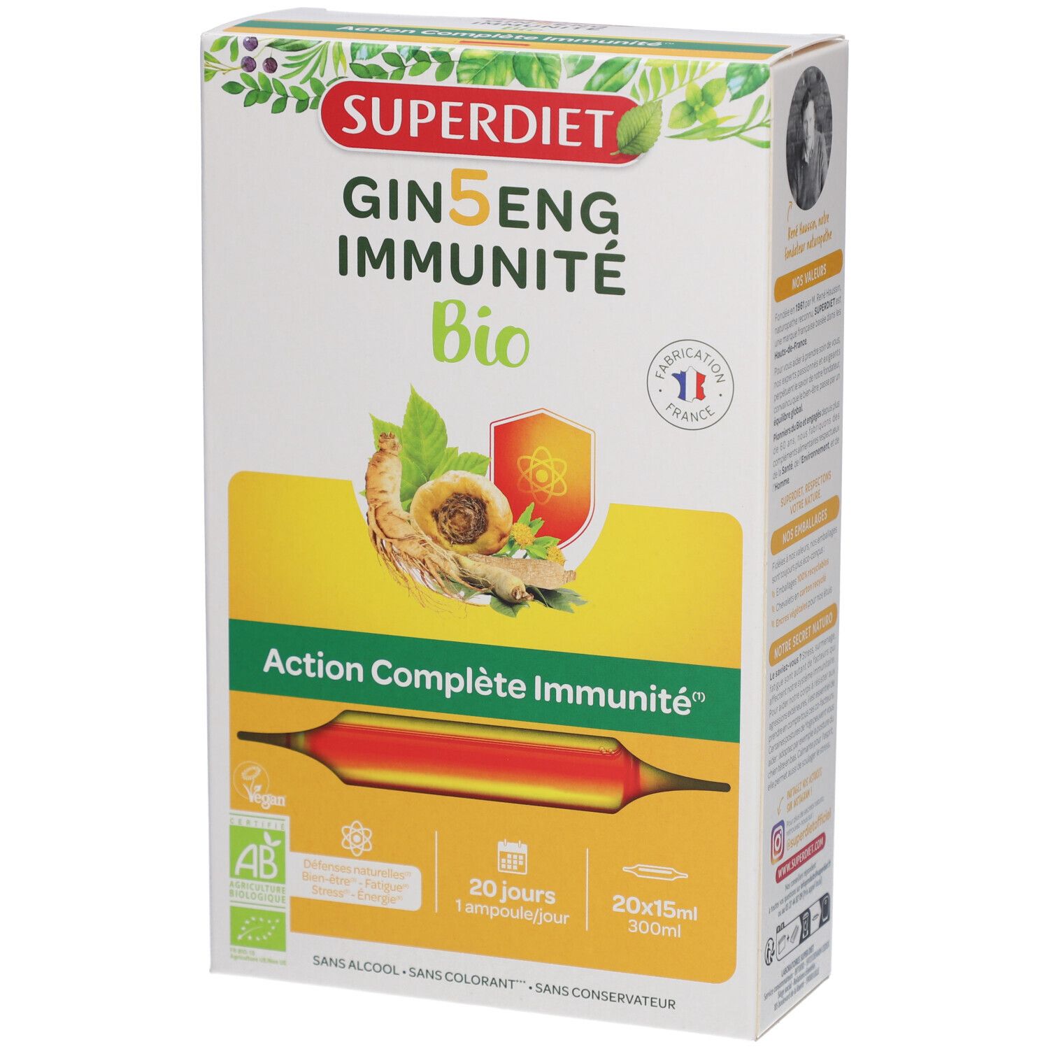 Verpackung von Superdiet Ginseng Immunité Bio. Enthält 20 Ampullen. Mit Bio-Siegel und Herkunftsangabe.