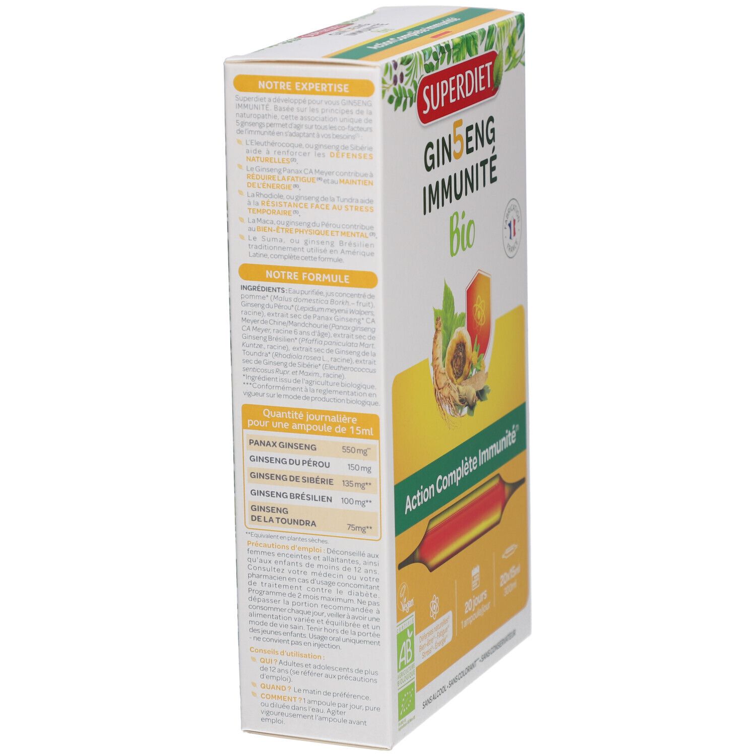 Seitenansicht der Superdiet Ginseng Immunité Bio Verpackung. Text mit Inhaltsstoffen und Nährwertangaben.