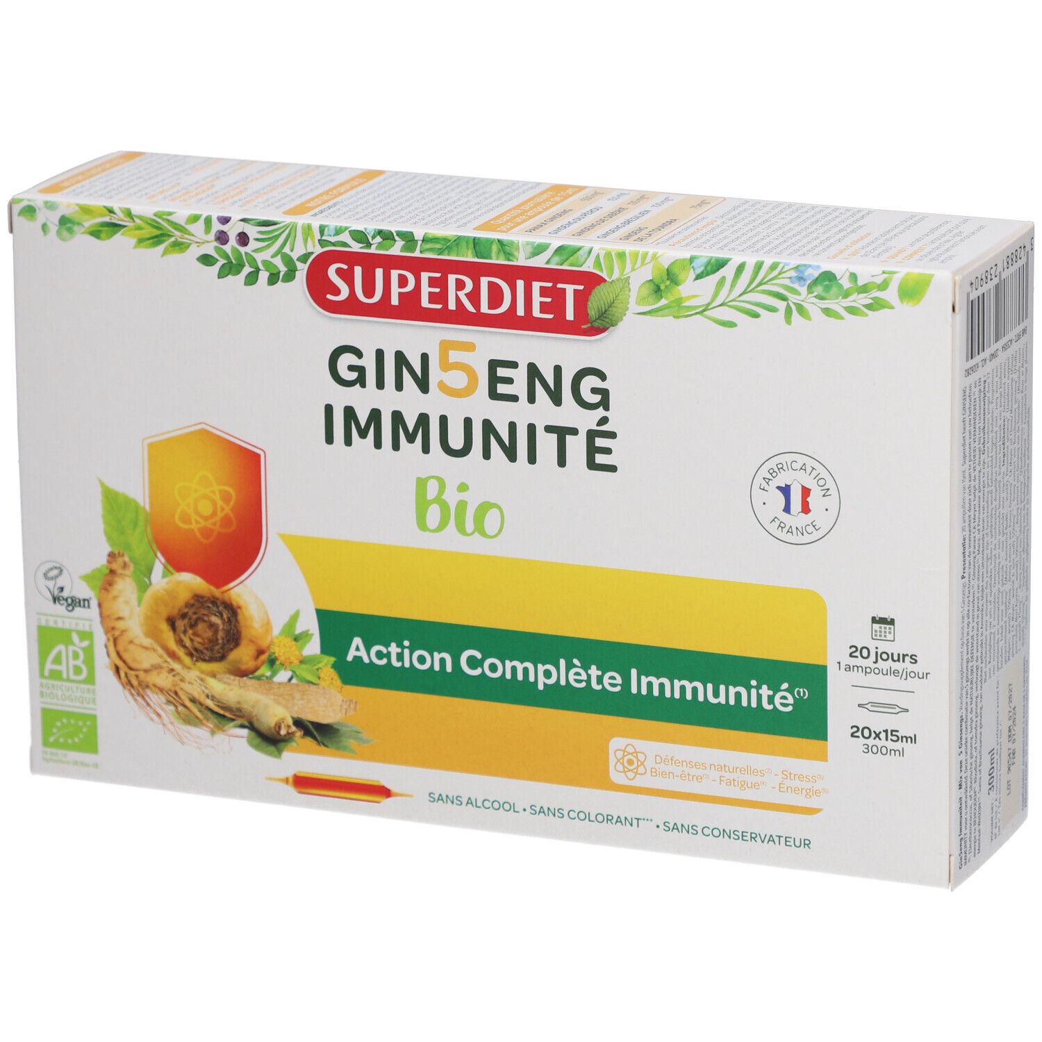 Superdiet Ginseng Immunité Bio Verpackung. Enthält 20 Ampullen. Mit Bio-Siegel und Herkunftsangabe.