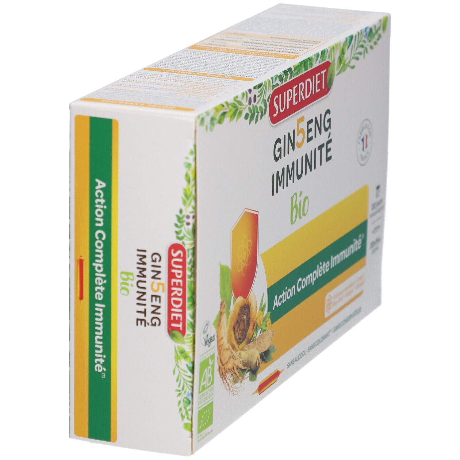 Schrägansicht der Superdiet Ginseng Immunité Bio Verpackung. Mit Logo und Produktbezeichnung.