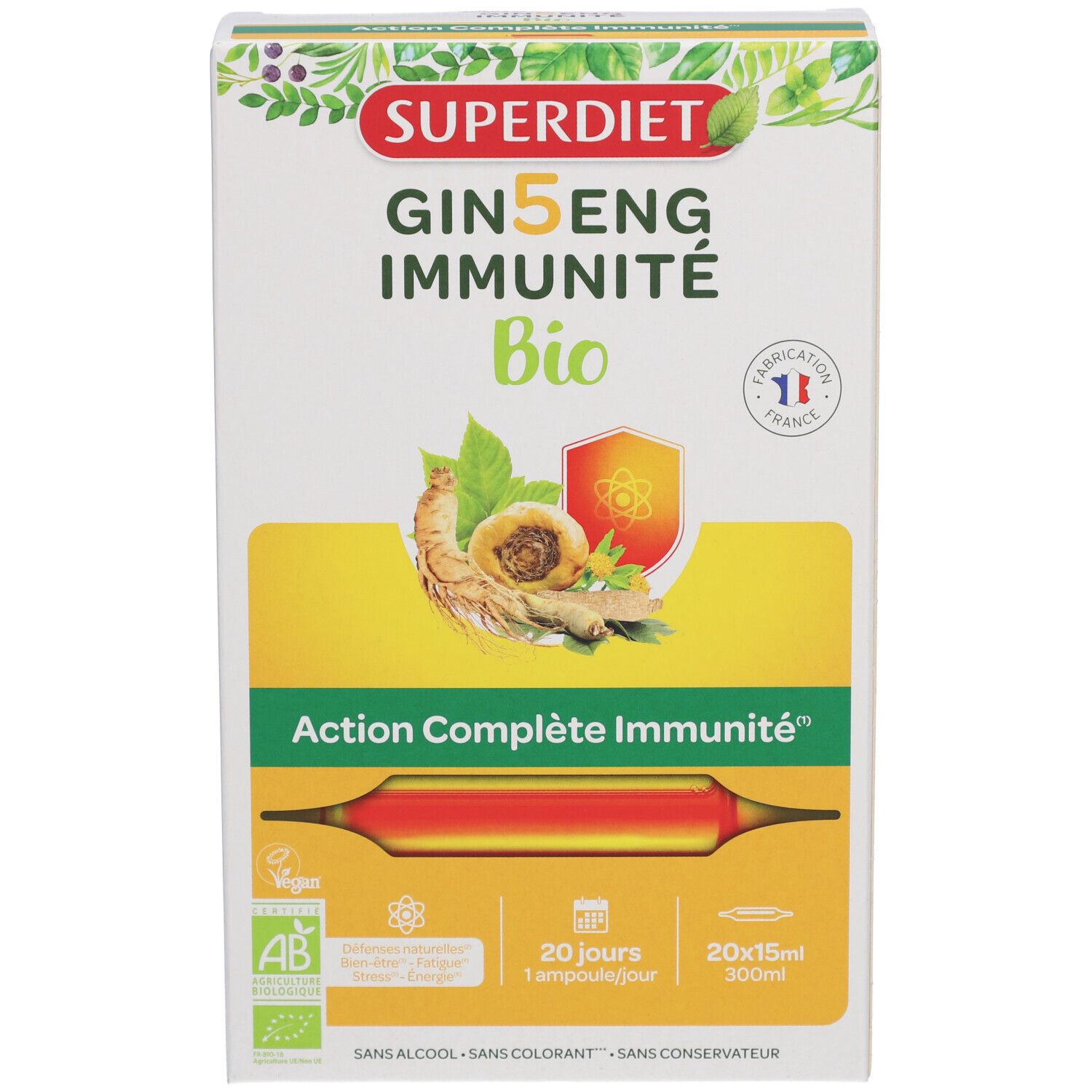Superdiet Ginseng Immunité Bio Verpackung. Enthält 20 Ampullen. Mit Bio-Siegel und Herkunftsangabe.