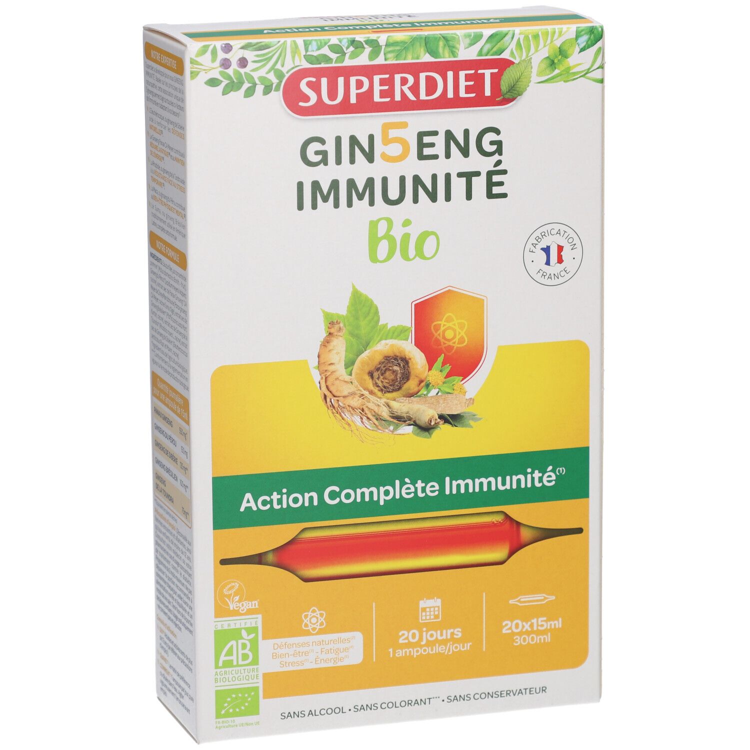 Superdiet Ginseng Immunité Bio Verpackung. Enthält 20 Ampullen. Mit Bio-Siegel und Herkunftsangabe.