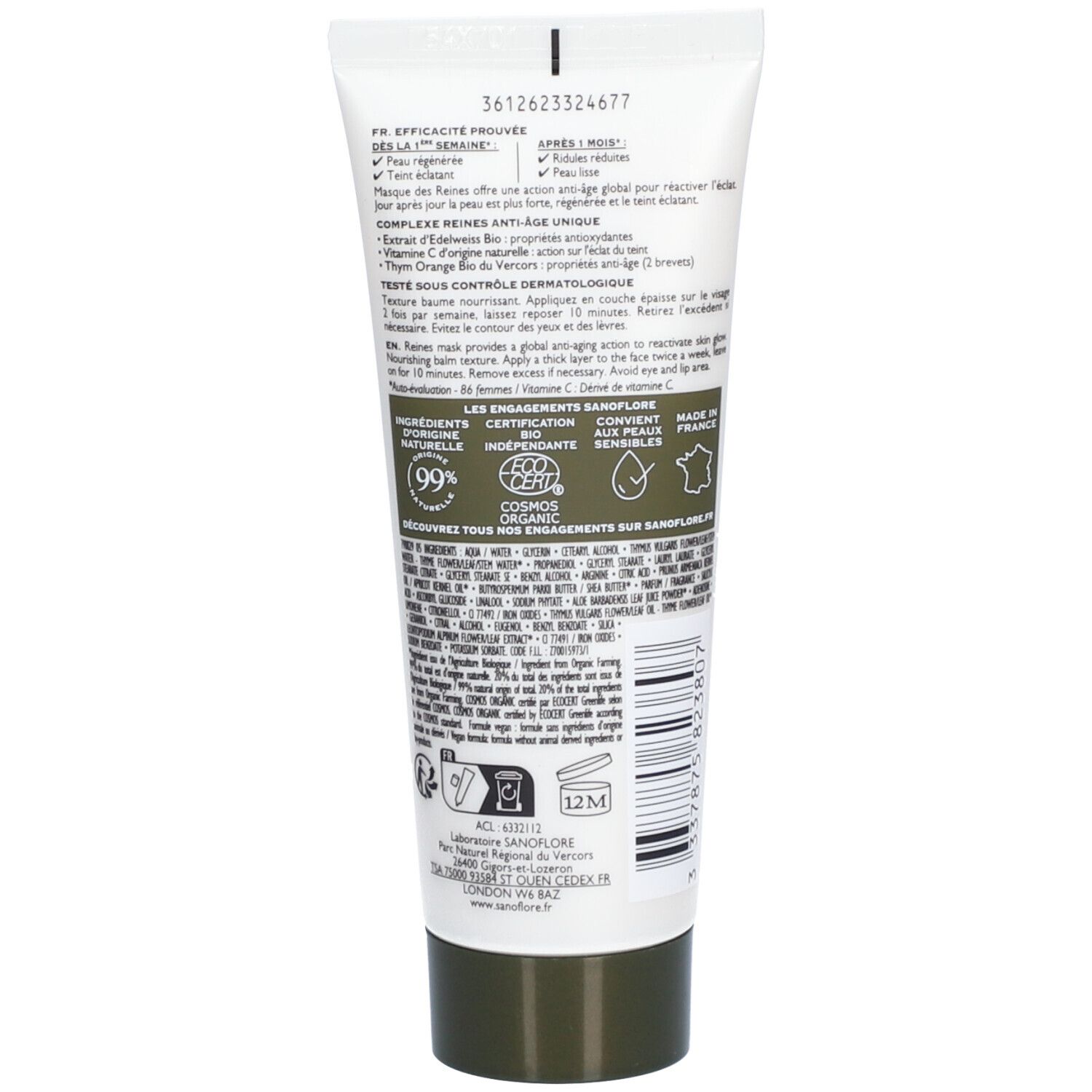 Dos du tube. Texte : ingrédients, certifications, 99% naturel, symbole 12M, code-barres.