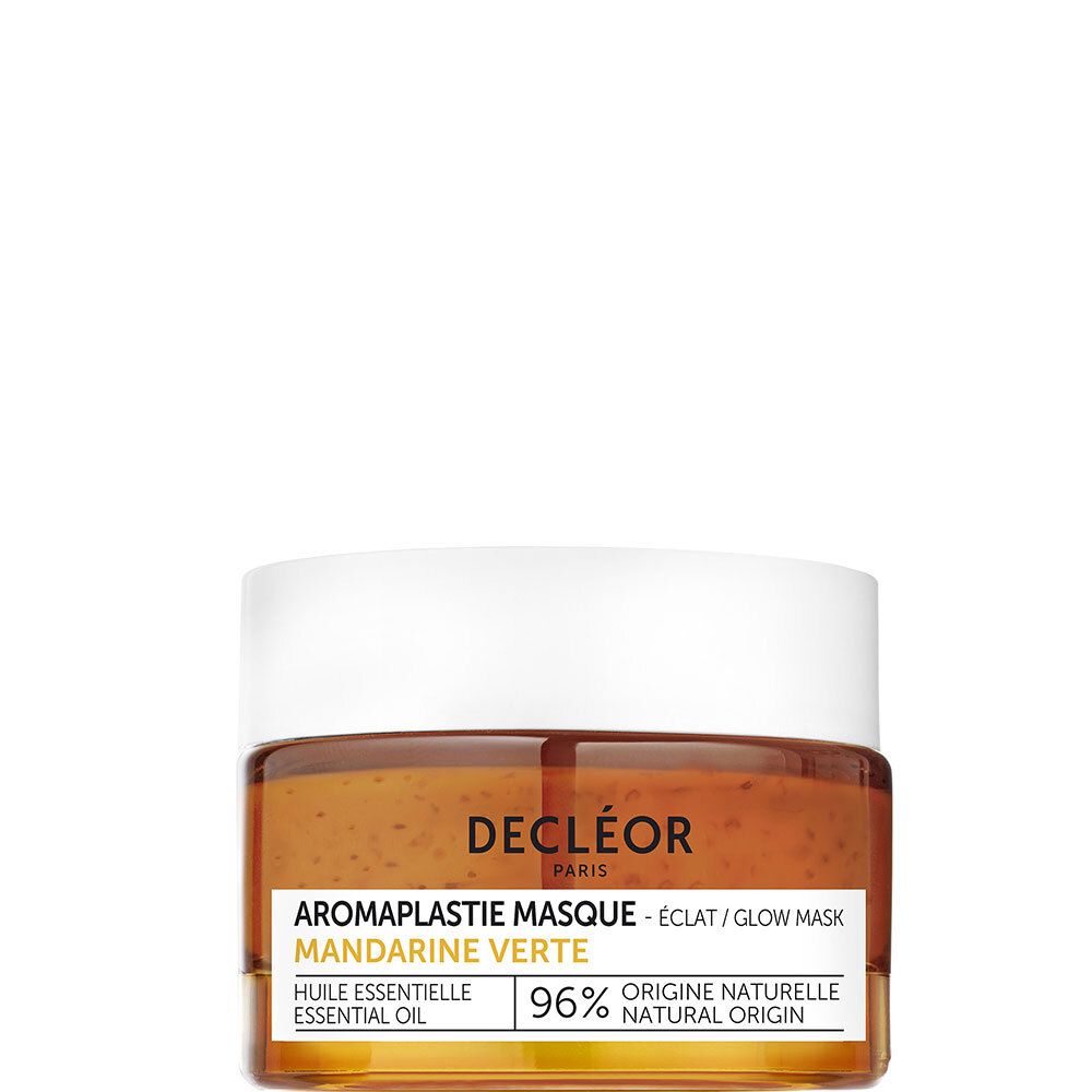 Pot de masque facial DECLÉOR. Couvercle blanc, pot orange. Inscription : Aromaplastie Masque, 96% origine naturelle.