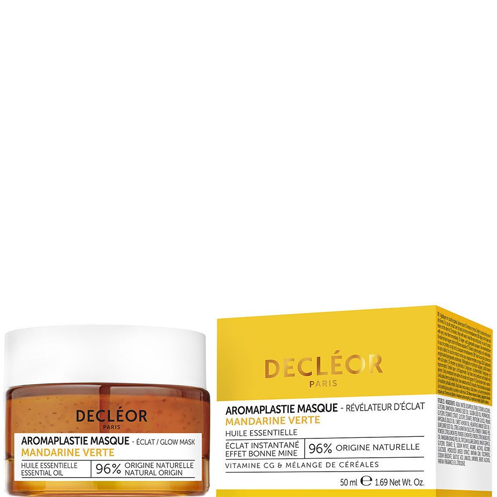 Emballage produit avec masque facial. Masque en pot, couvercle blanc. Inscription : DECLÉOR, Aromaplastie Masque, 96% origine naturelle.
