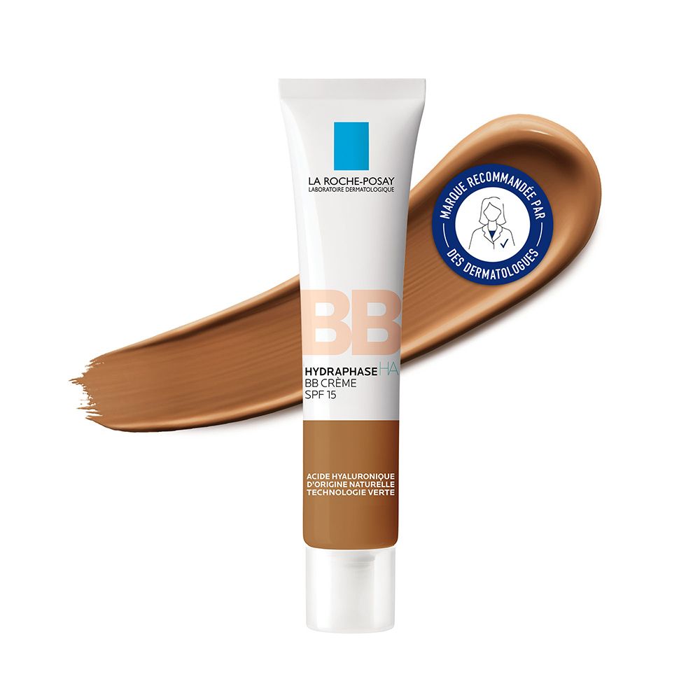 La Roche-Posay Hydraphase BB Crème SPF15 Teinte Foncée. Tube de crème et dégradé de couleur. Sceau : Recommandé par les dermatologues.