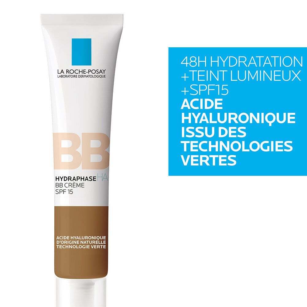 La Roche-Posay Hydraphase BB Crème SPF15 Teinte Foncée. Tube avec informations produit. Texte : 48H Hydratation, Teint Lumineux, SPF15.