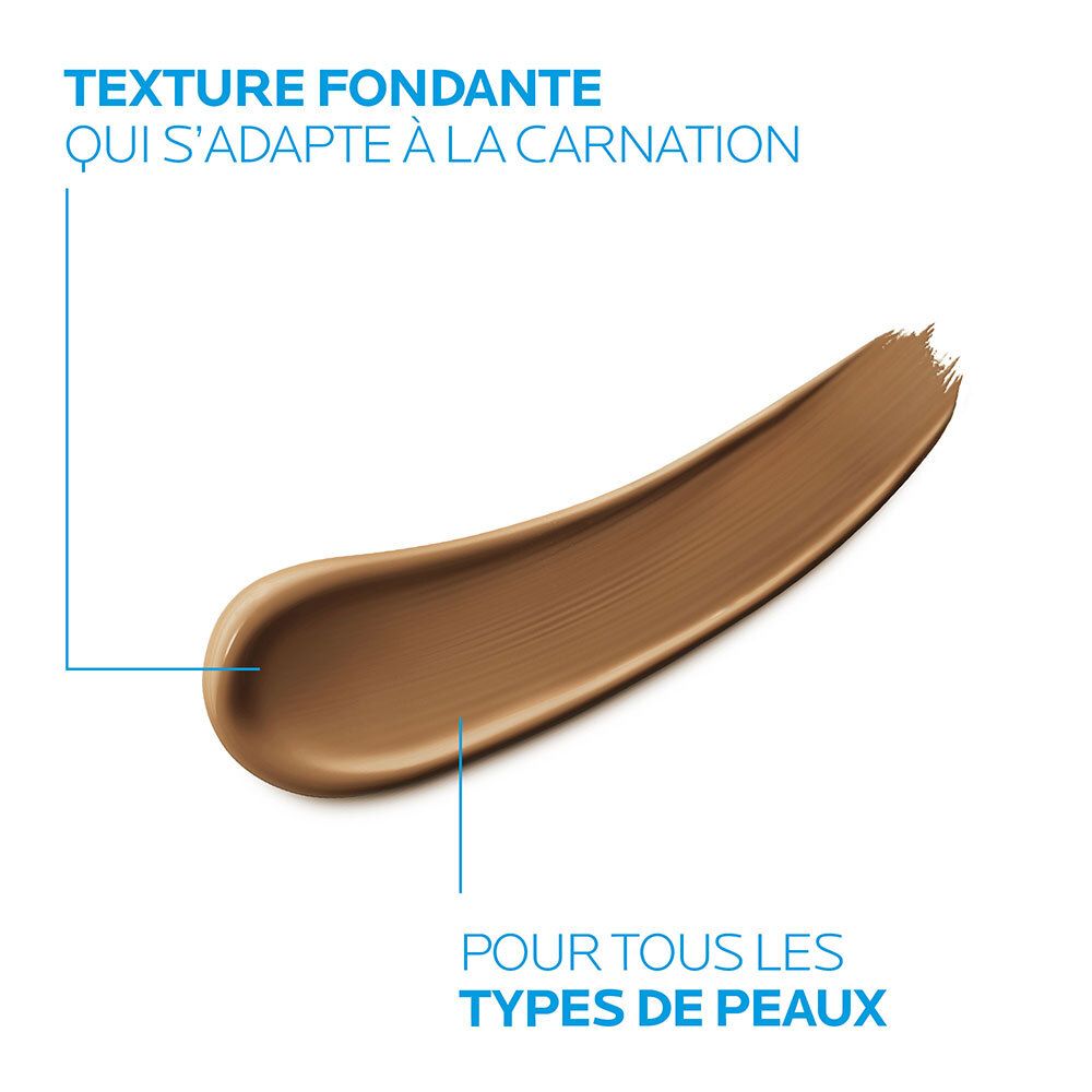 Dégradé de couleur de La Roche-Posay Hydraphase BB Crème SPF15 Teinte Foncée. Texte : Texture Fondante qui s'adapte à la carnation. Pour tous les types de peaux.