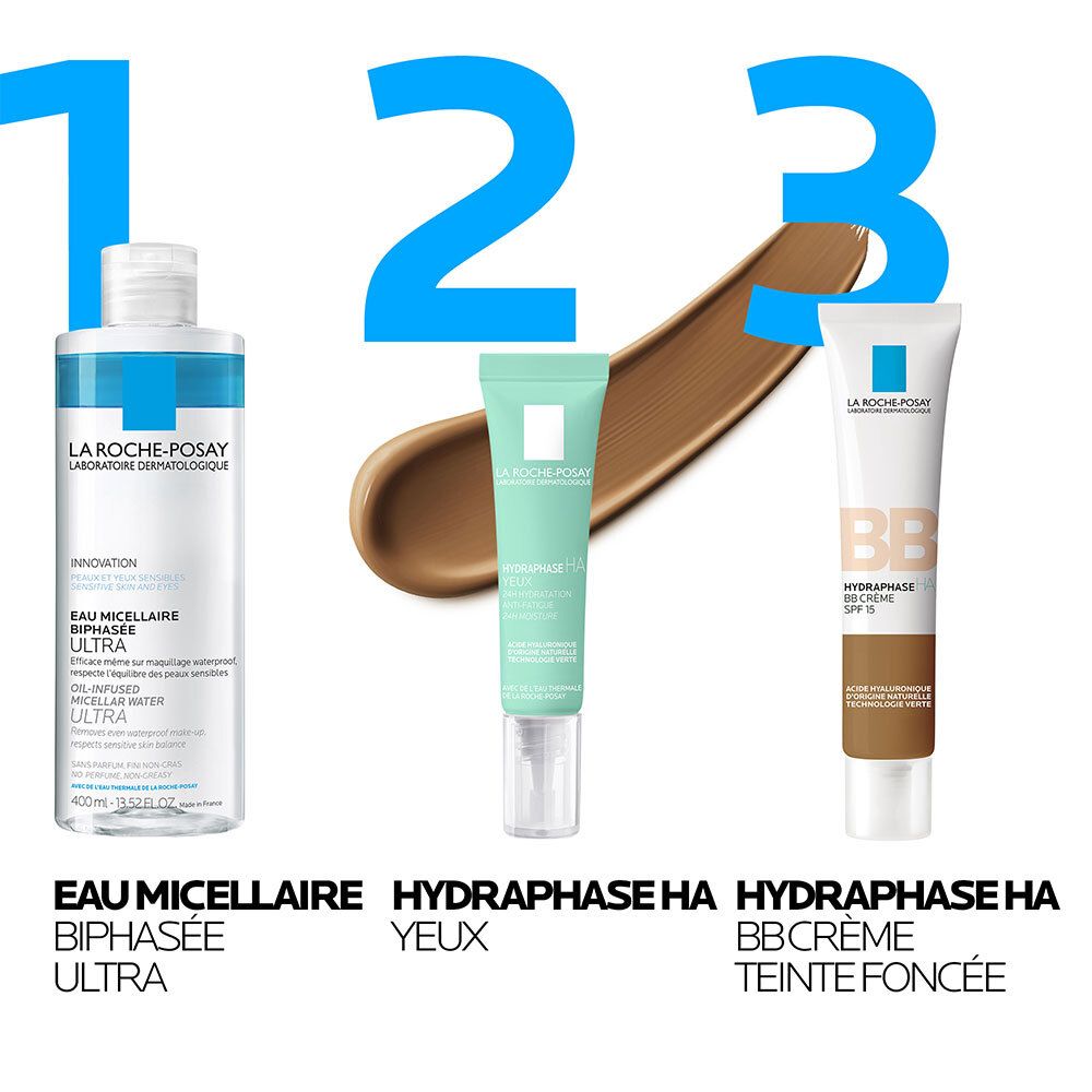 Trois produits La Roche-Posay : Eau Micellaire Ultra, Hydraphase HA Yeux, Hydraphase HA BB Crème Teinte Foncée. Numérotation.