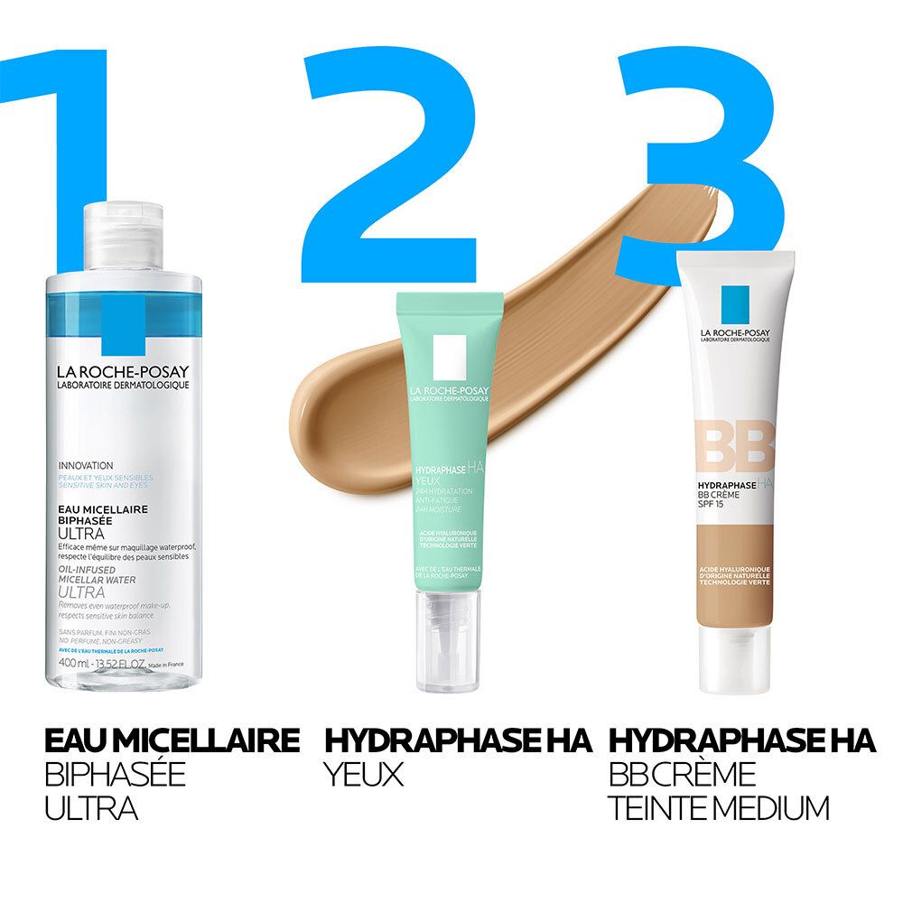 Trois produits : Eau Micellaire Ultra, Hydraphase Yeux, Hydraphase HA BB Crème Teinte Medium.