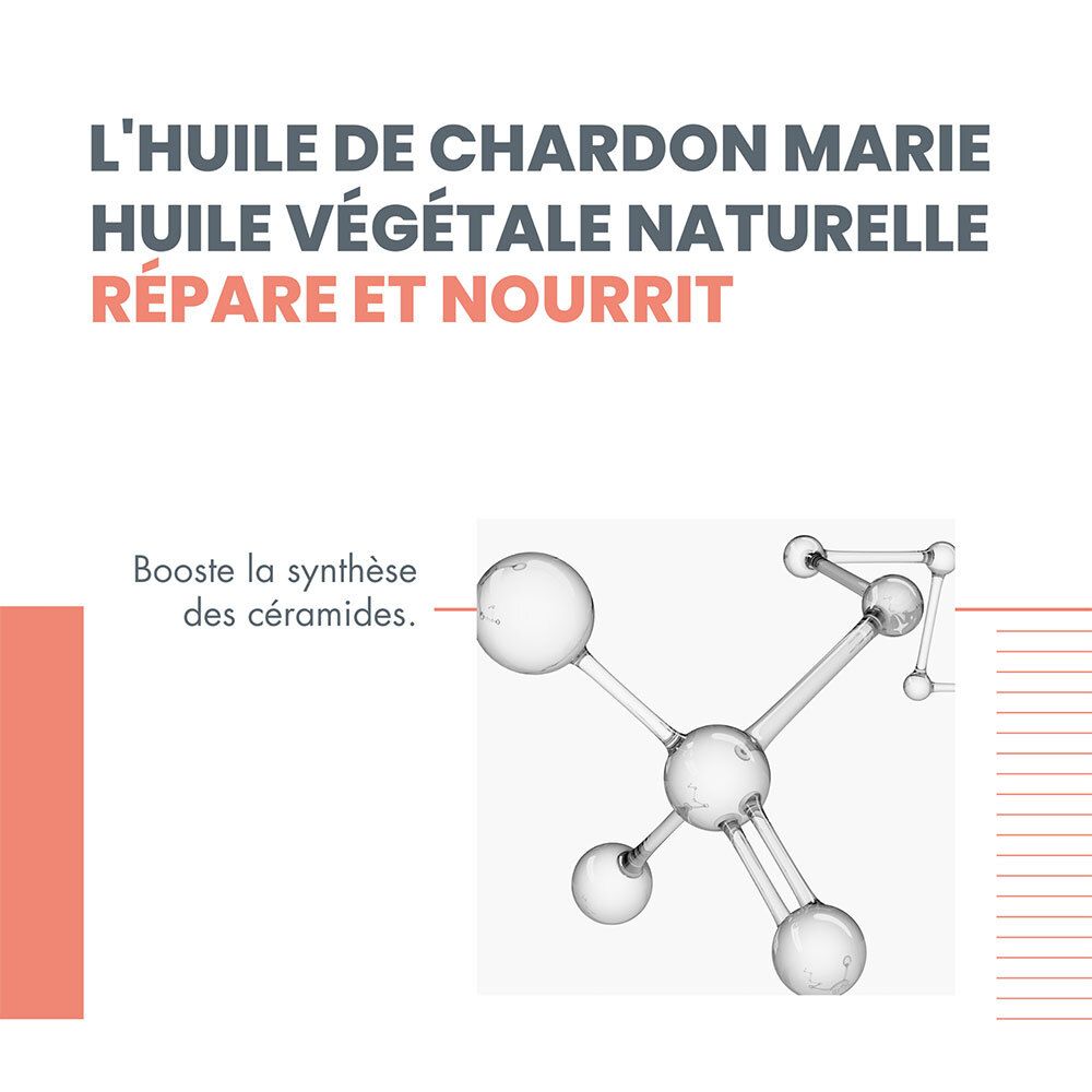 Graphique avec texte : 'L'HUILE DE CHARDON MARIE HUILE VÉGÉTALE NATURELLE RÉPARE ET NOURRIT'. Structure moléculaire.