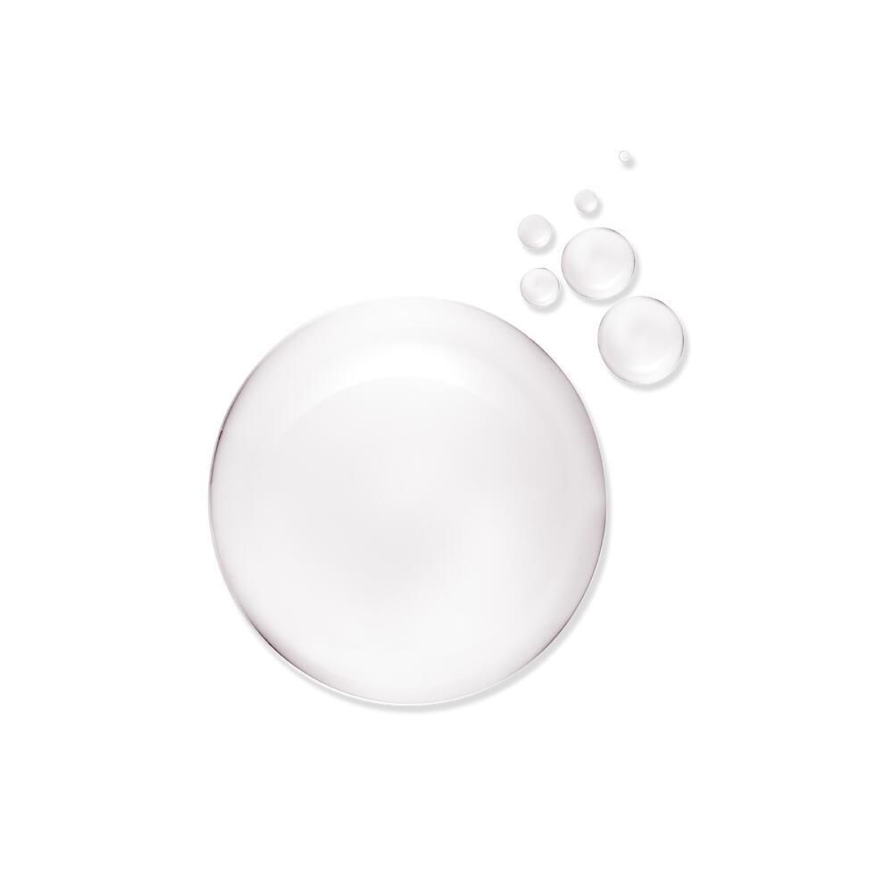 Plusieurs gouttes de liquide transparent sur fond blanc. Une grosse goutte et des gouttes plus petites.