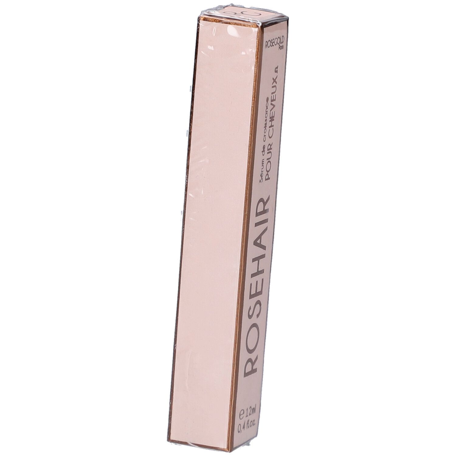 Schmale, rosafarbene Verpackung. Aufschrift: ROSEHAIR, Sérum de croissance POUR CHEVEUX A, e 12ml, 0,4 fl.oz. ROSEGOLD Paris.
