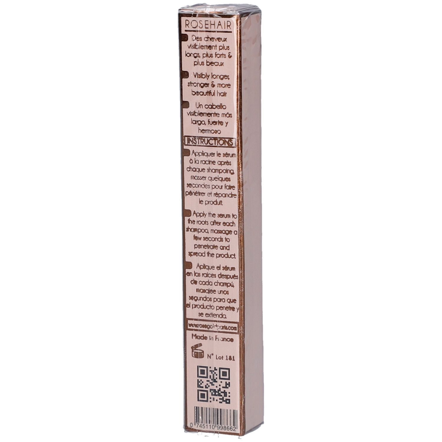 Rückseite der rosafarbenen Verpackung. Text: Anwendungshinweise, Inhaltsstoffe, QR-Code. ROSEHAIR, Sérum de croissance POUR CHEVEUX A.