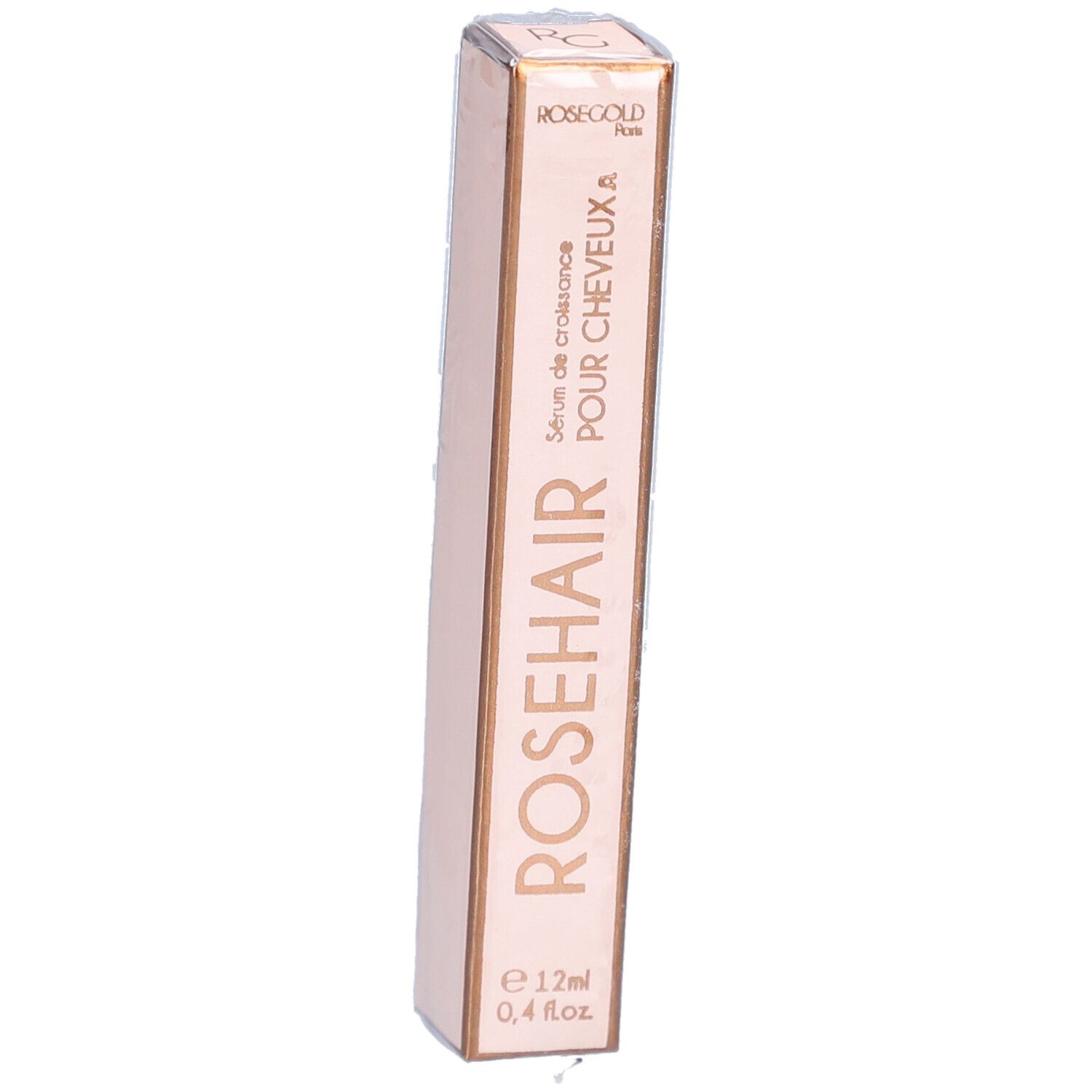 Schmale, rosafarbene Verpackung. Aufschrift: ROSEHAIR, Serum de croissance POUR CHEVEUX A, e 12ml, 0,4 fl.oz. ROSEGOLD Paris.