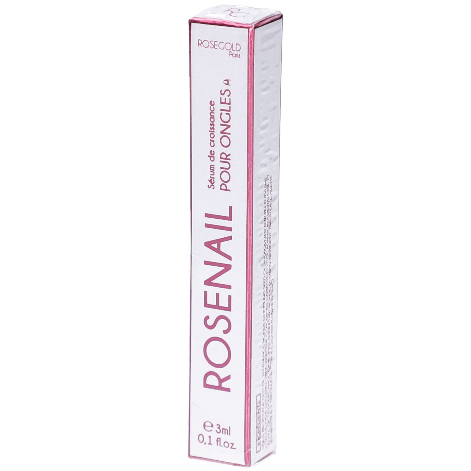 Schachtel mit ROSENAIL Serum für Nägel. Rosa Schrift auf weißem Grund. Volumen: 3ml.
