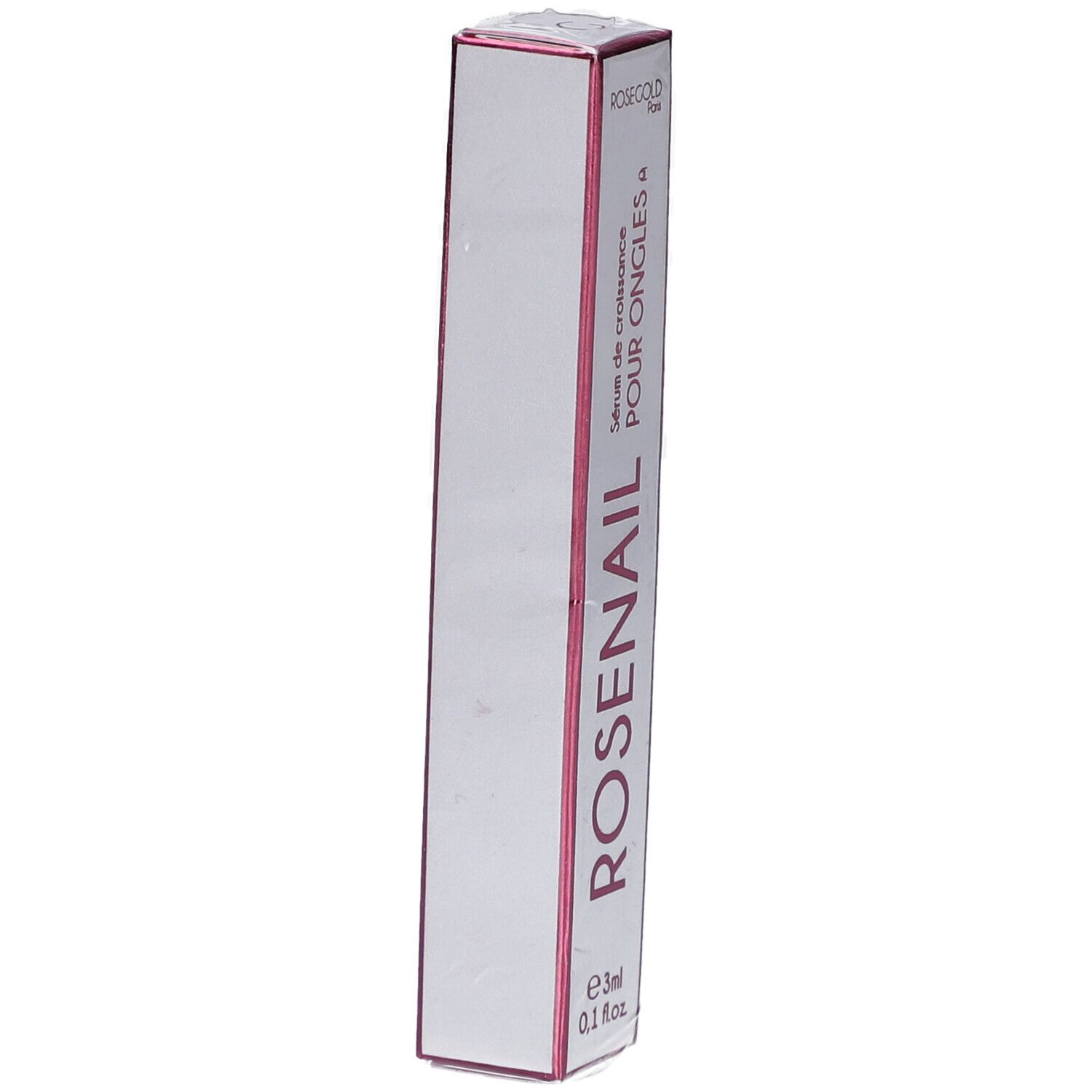 Schachtel mit ROSENAIL Serum für Nägel. Rosa Schrift auf weißem Grund. Volumen: 3ml.