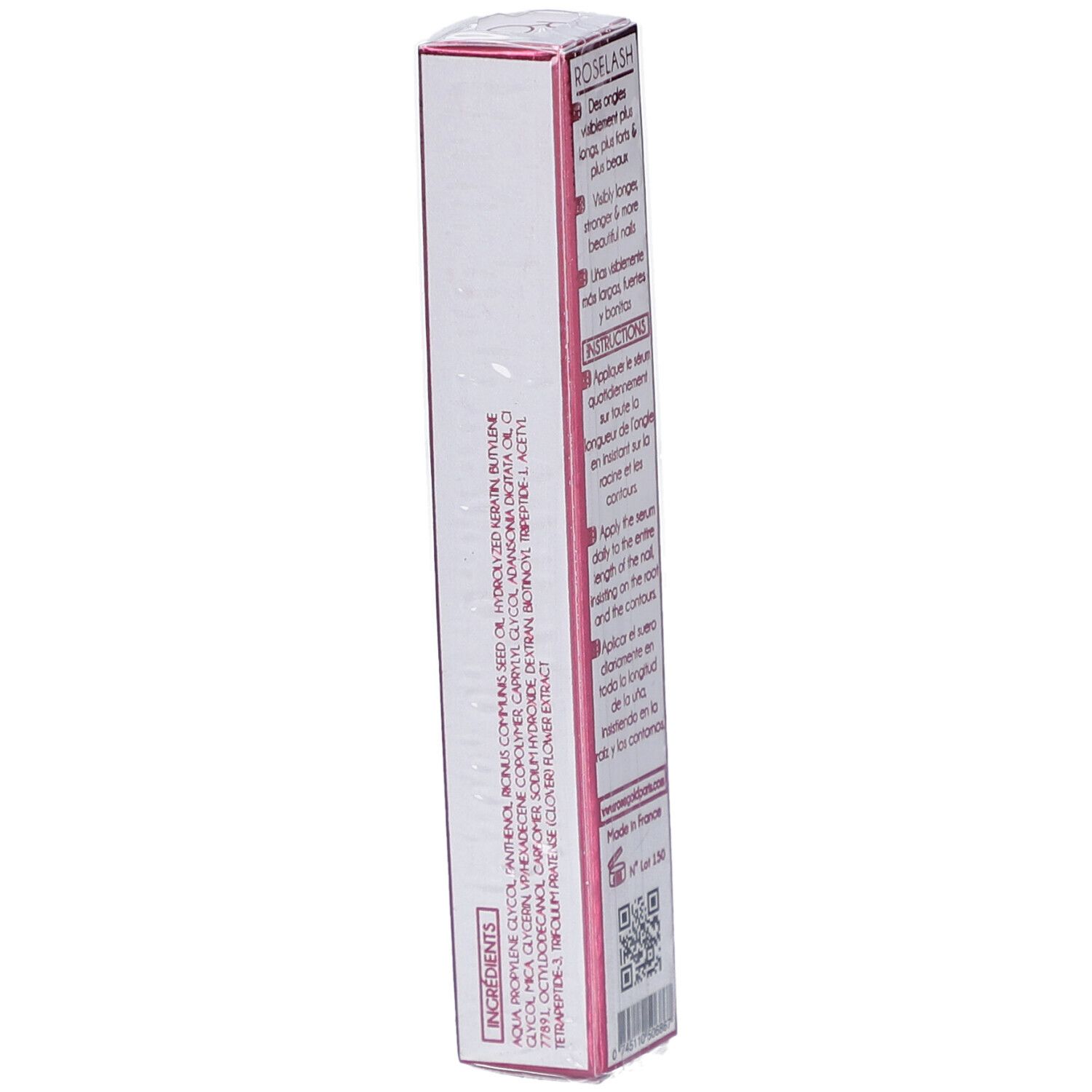 Rückseite der ROSENAIL-Verpackung. Text in mehreren Sprachen. Enthält Inhaltsstoffe und Anweisungen.