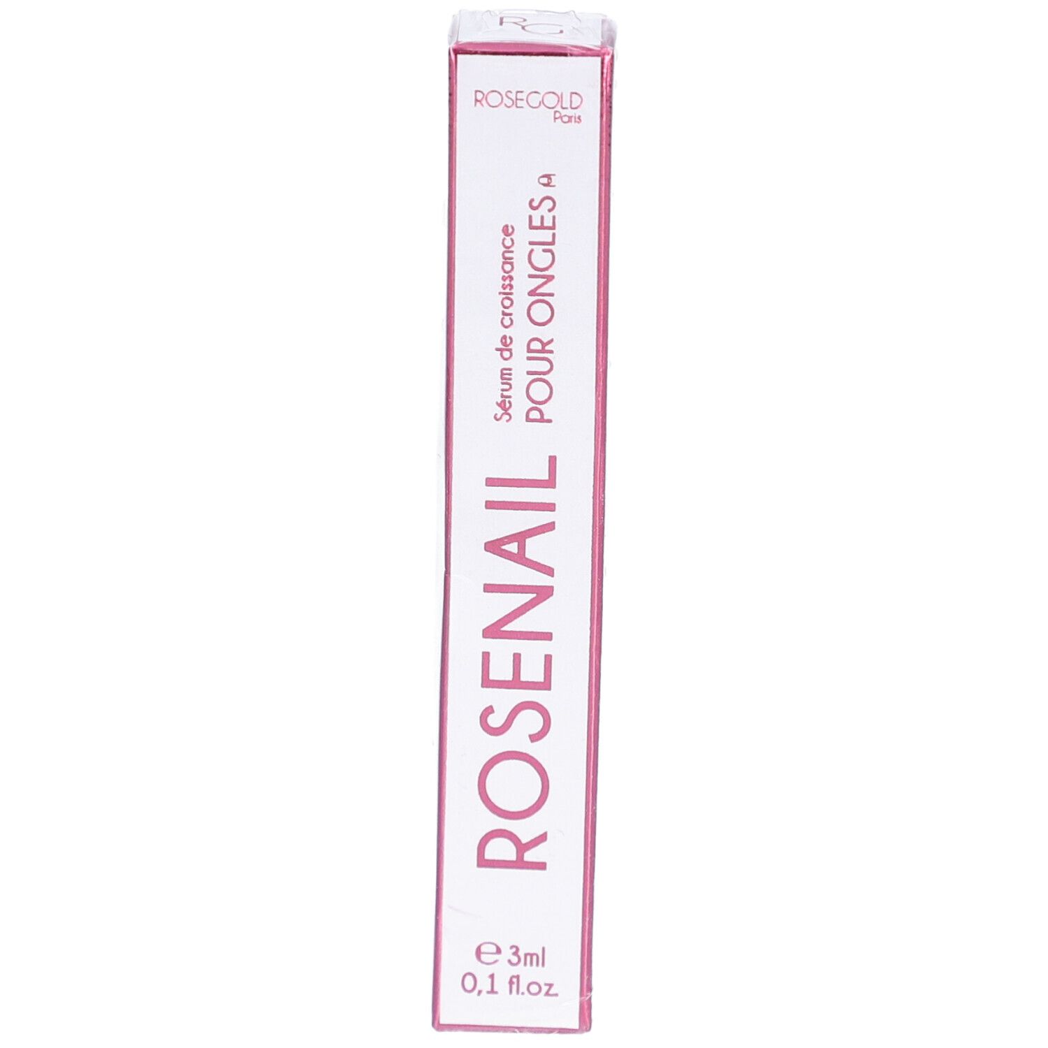 Schachtel mit ROSENAIL Serum für Nägel. Rosa Schrift auf weißem Grund. Volumen: 3ml.