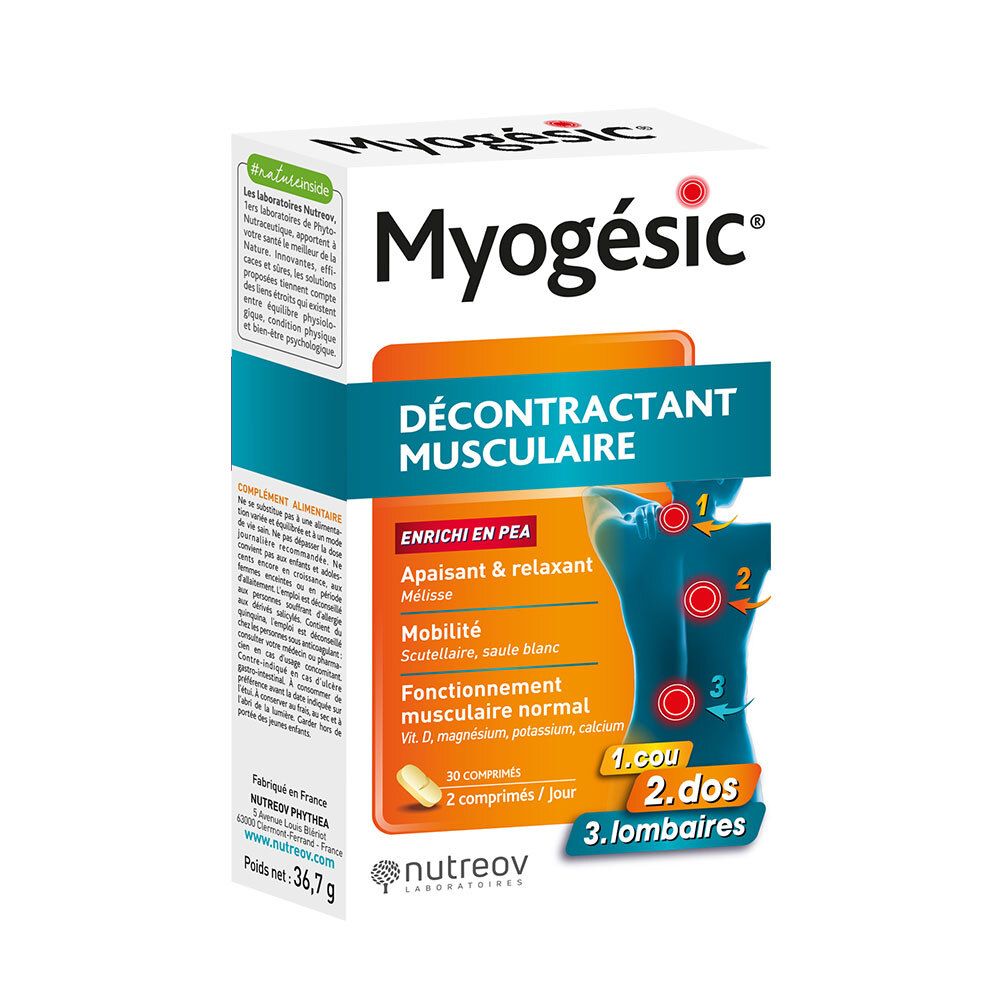 Schachtel mit Myogésic®. Aufschrift: Décontractant musculaire. Enthält 30 Tabletten. Mit Illustration des Rückens.