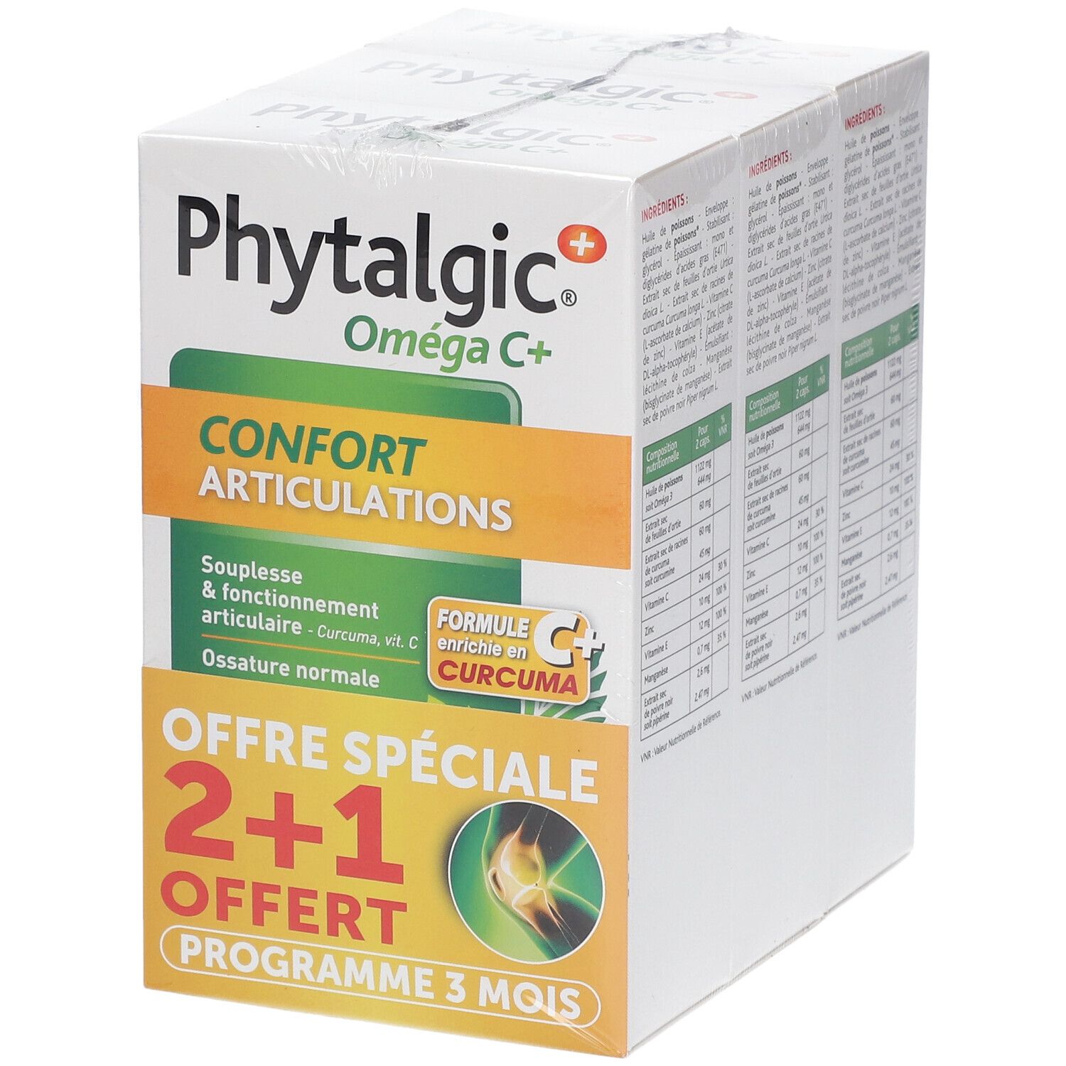 Emballage NUTREOV Phytalgic + Oméga C+ Confort articulations. Offre spéciale 2+1 offert. Programme 3 mois.