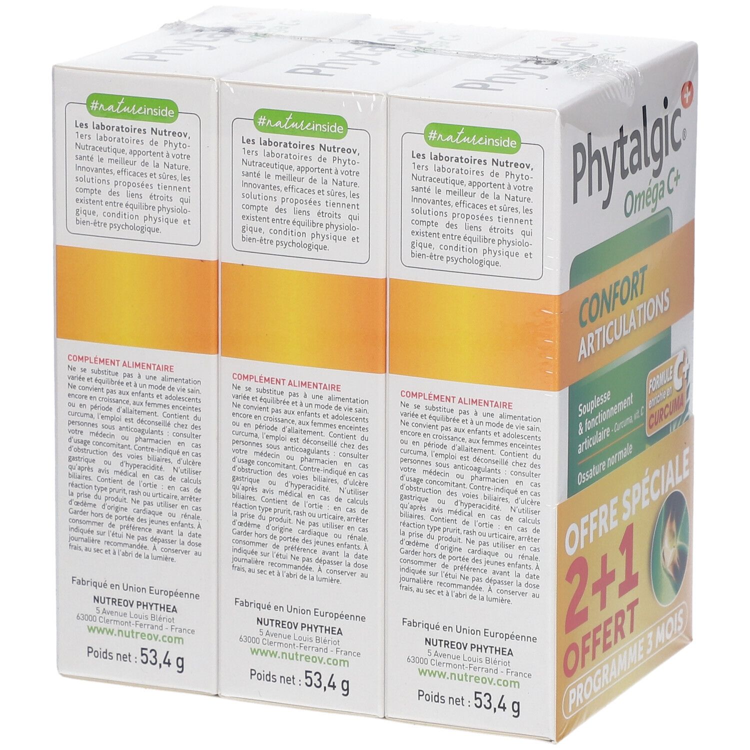 Dos de l'emballage NUTREOV Phytalgic + Oméga C+ Confort articulations. Contient des informations sur le produit.