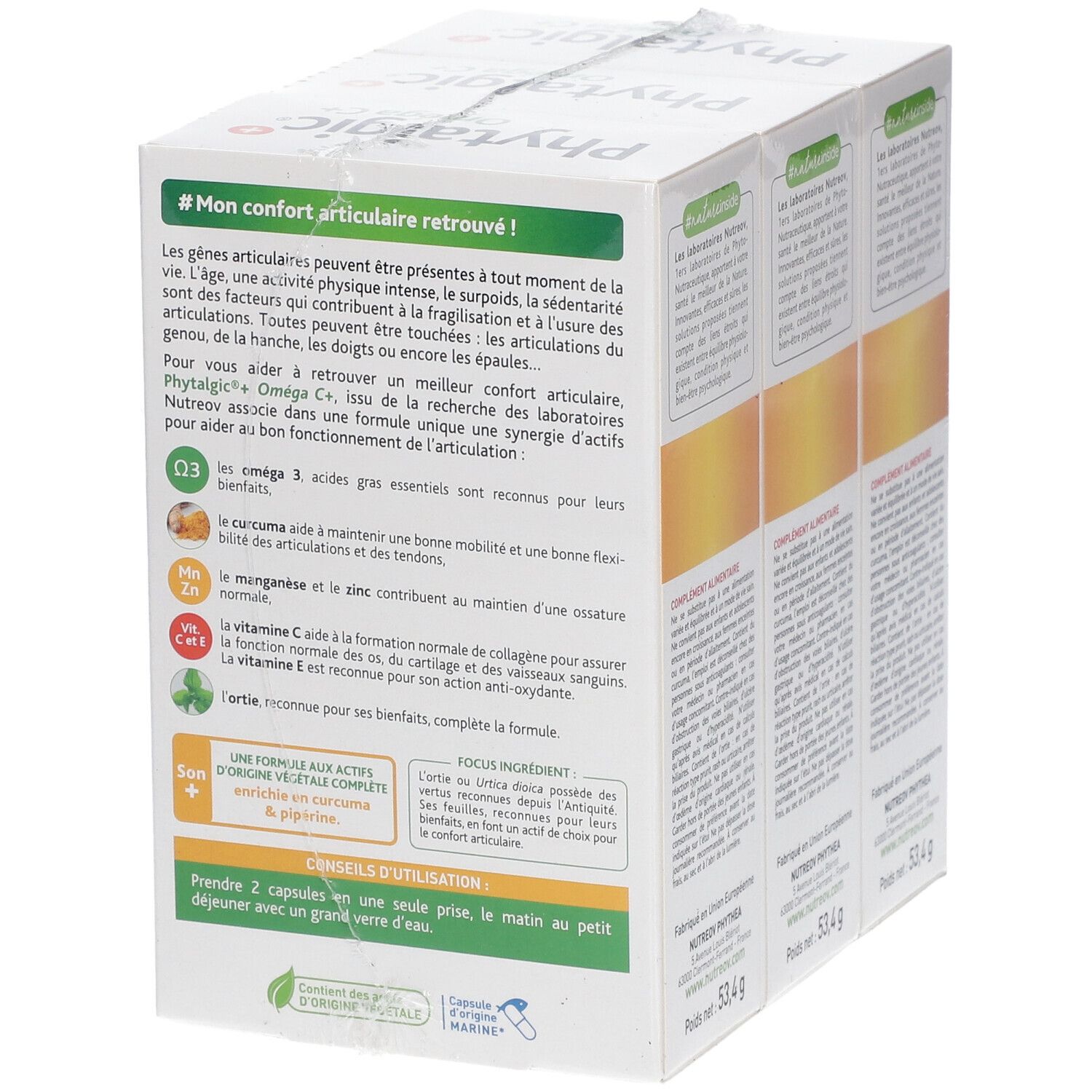 Dos de l'emballage NUTREOV Phytalgic + Oméga C+ Confort articulations. Contient des informations sur le produit.