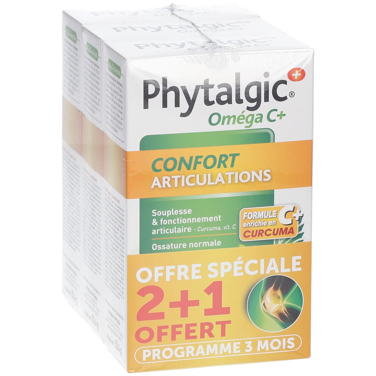 Face avant de l'emballage NUTREOV Phytalgic + Oméga C+ Confort articulations. Offre spéciale 2+1 offert. Programme 3 mois.