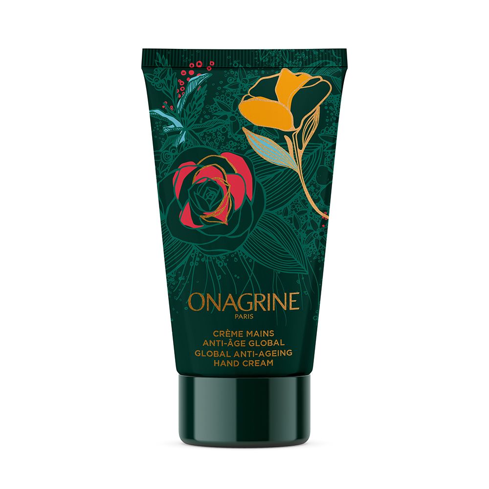 Tube vert avec motif floral et nom du produit. Texte : ONAGRINE CRÈME MAINS ANTI-ÂGE GLOBAL.