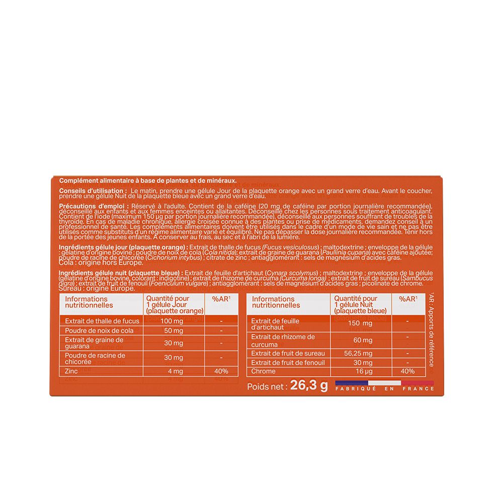 Dos de la boîte ANACA3 Minceur Jour/Nuit. Tableaux d'informations nutritionnelles et ingrédients. Fabriqué en France.