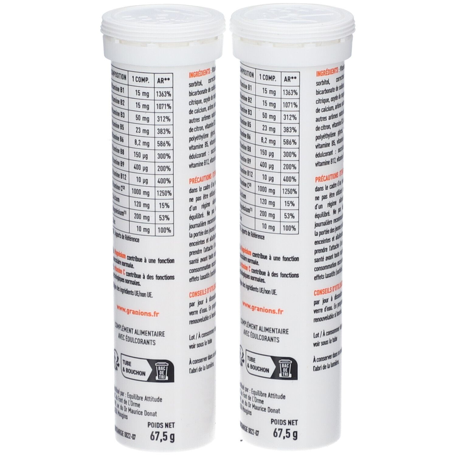 Deux tubes blancs avec bouchon à vis. Dos avec ingrédients et instructions d'utilisation. Texte en français.
