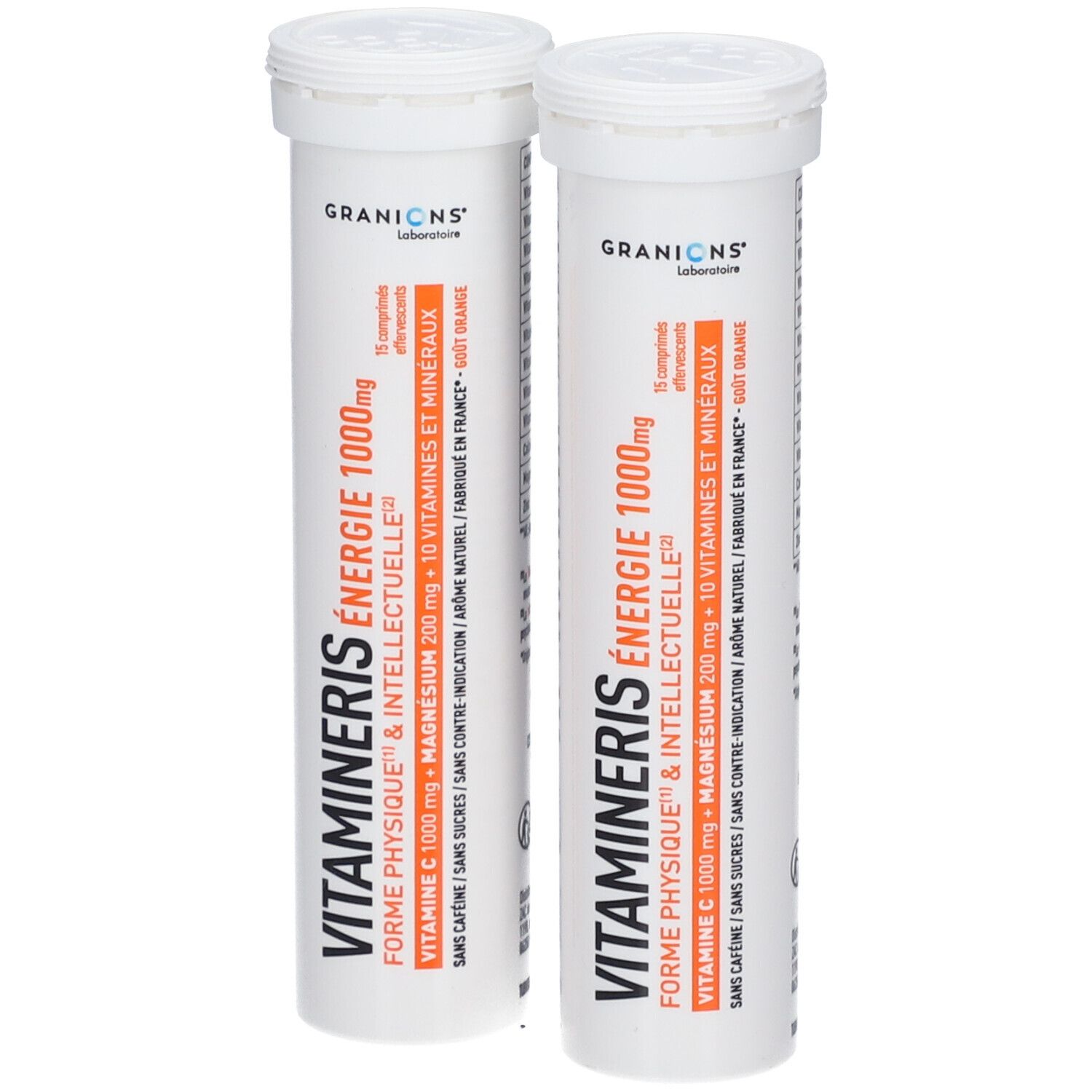 Deux tubes blancs avec bouchon à vis. Inscription: Vitamineris Energie 1000mg, Granions Laboratoire. 15 comprimés effervescents.