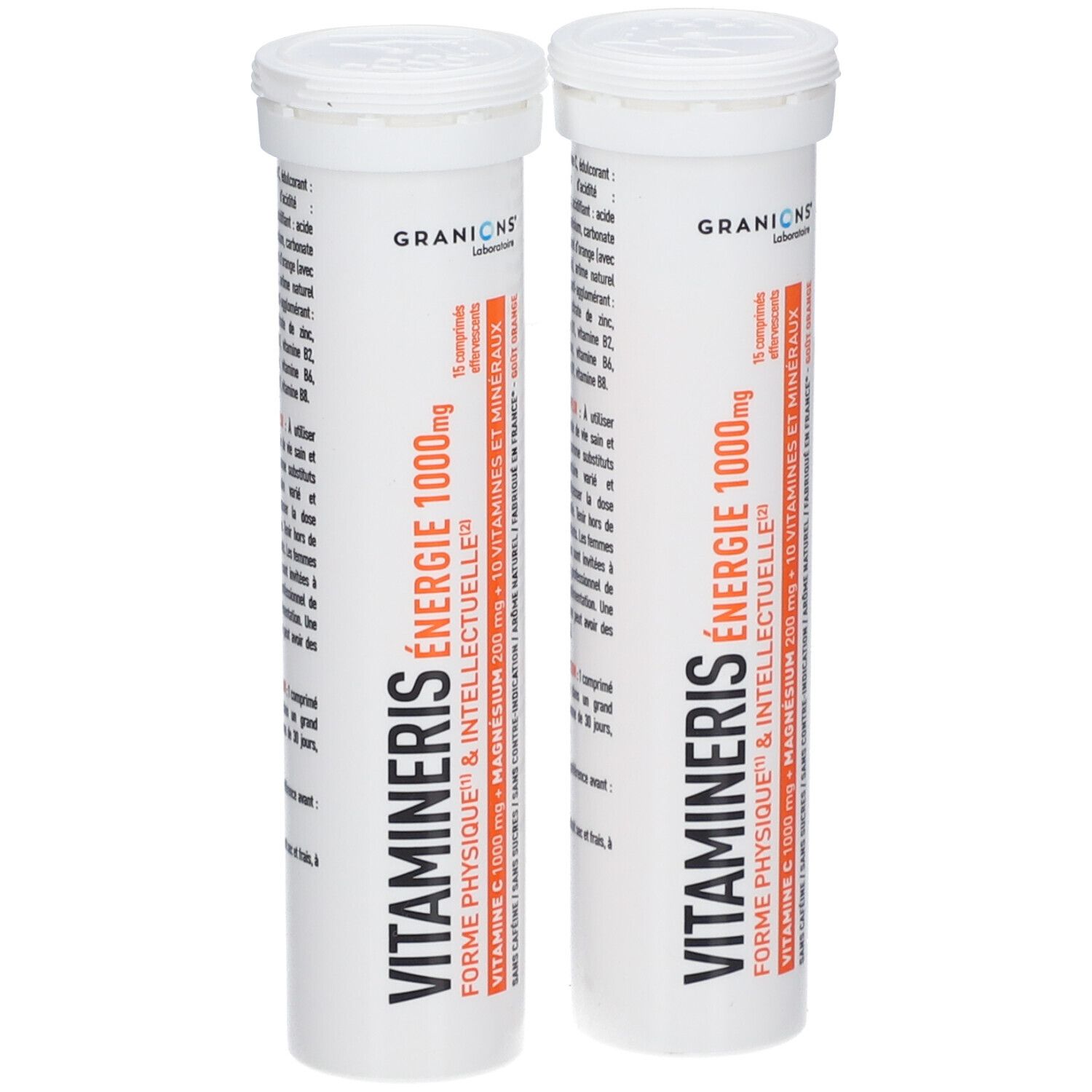 Deux tubes blancs avec bouchon à vis. Inscription: Vitamineris Energie 1000mg, Granions Laboratoire. 15 comprimés effervescents.