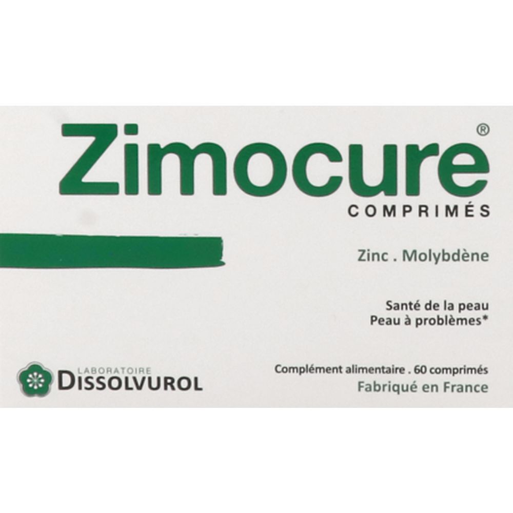 Boîte blanche avec inscription verte "Zimocure Comprimés". Contient 60 comprimés. Fabricant : Dissolvurol.