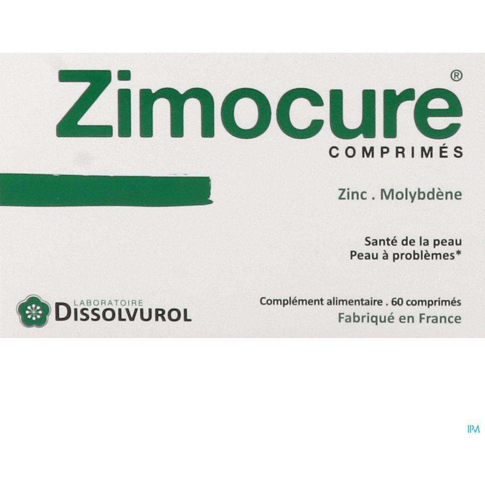 Boîte blanche avec inscription verte "Zimocure Comprimés". Contient 60 comprimés. Fabricant : Dissolvurol.