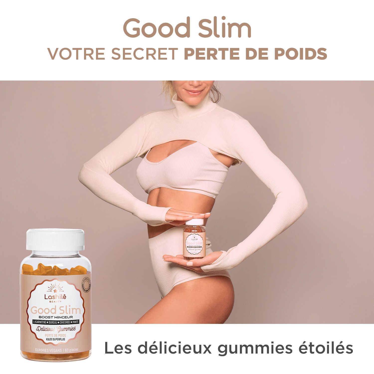 Frau hält eine Flasche Good Slim Gummies. Auf dem Tisch steht eine weitere Flasche. Text: Good Slim, Ihr Geheimnis für Gewichtsverlust.