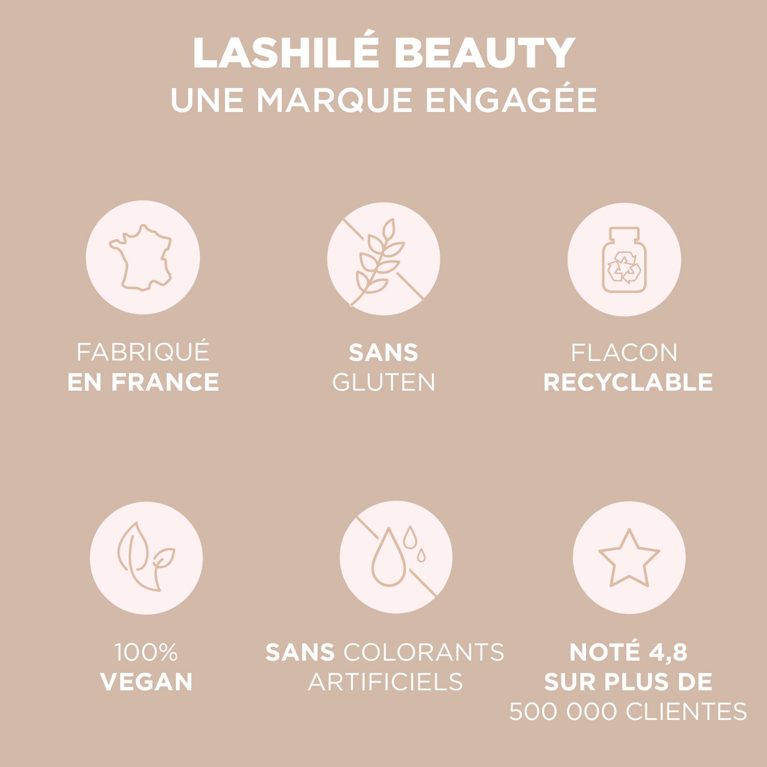 Kreisförmige Logos: Hergestellt in Frankreich, glutenfrei, recycelbare Flasche, vegan, ohne künstliche Farbstoffe, 4,8/5 Sterne.