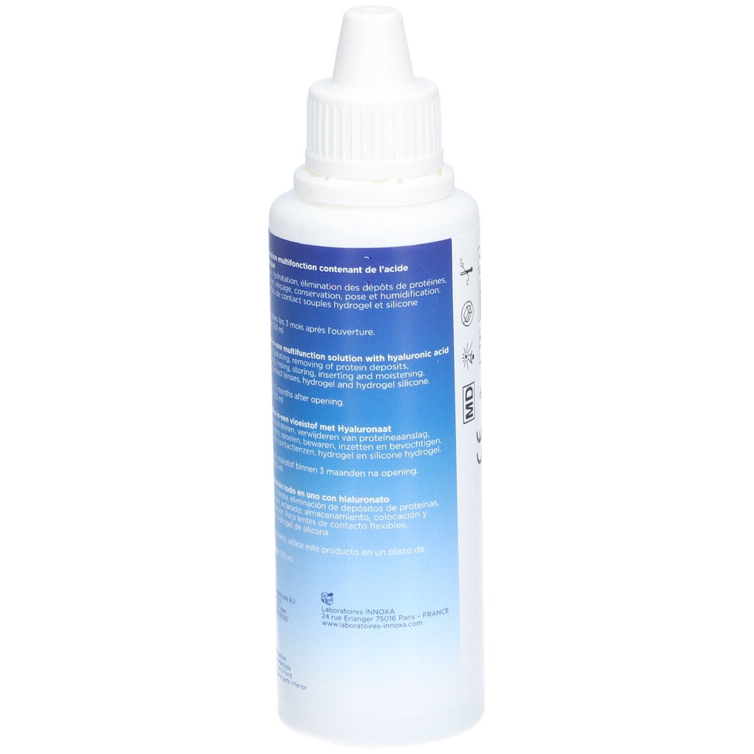 Flacon blanc avec étiquette bleue. Informations multilingues. Contient de l'acide hyaluronique. Pour lentilles.