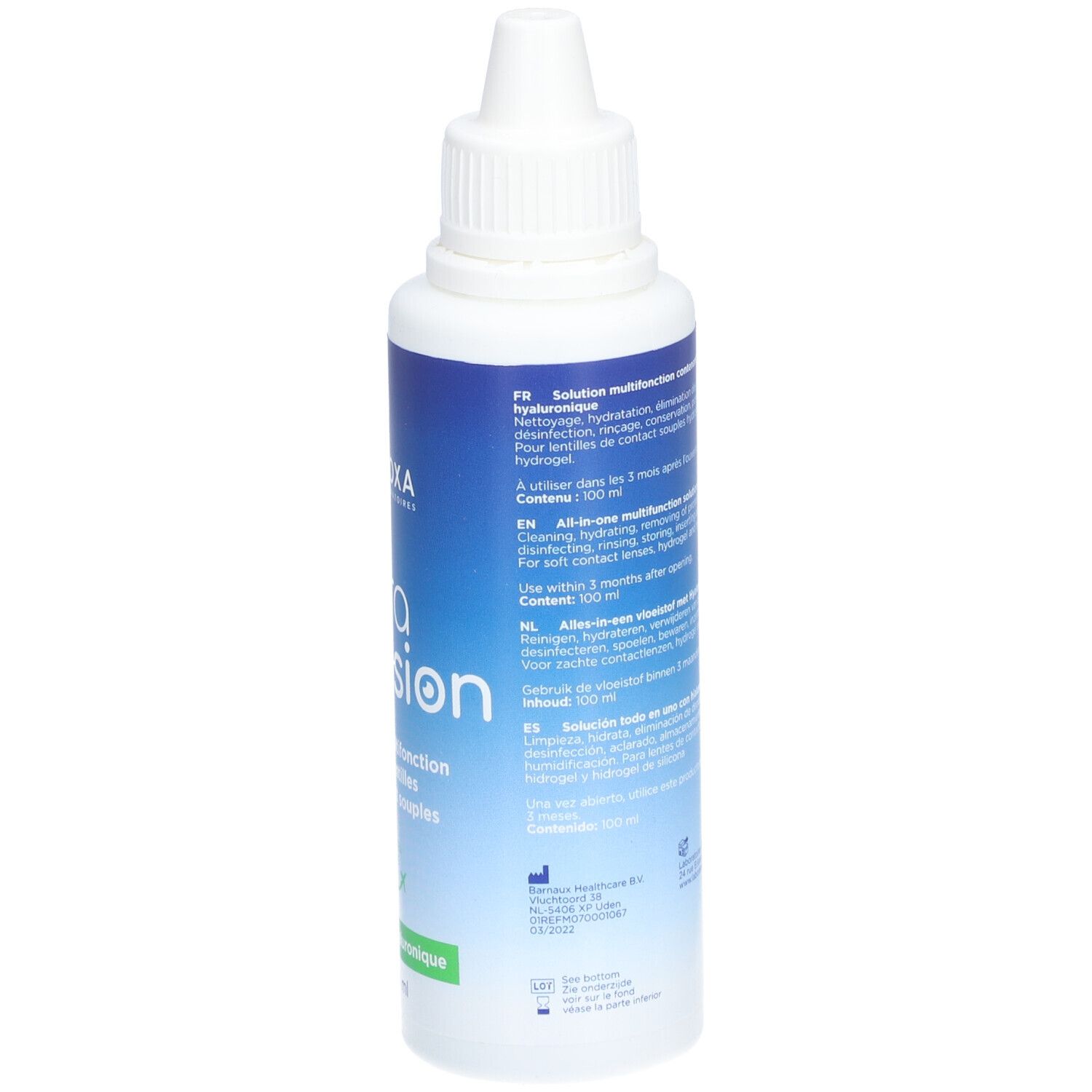 Flacon blanc avec étiquette bleue. Informations multilingues. Solution pour lentilles. Contient de l'acide hyaluronique.