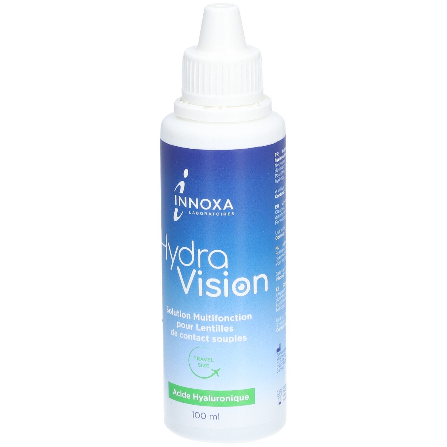 Flacon blanc avec étiquette bleue. INNOXA Hydra Vision, solution pour lentilles. Contient de l'acide hyaluronique. 100 ml.