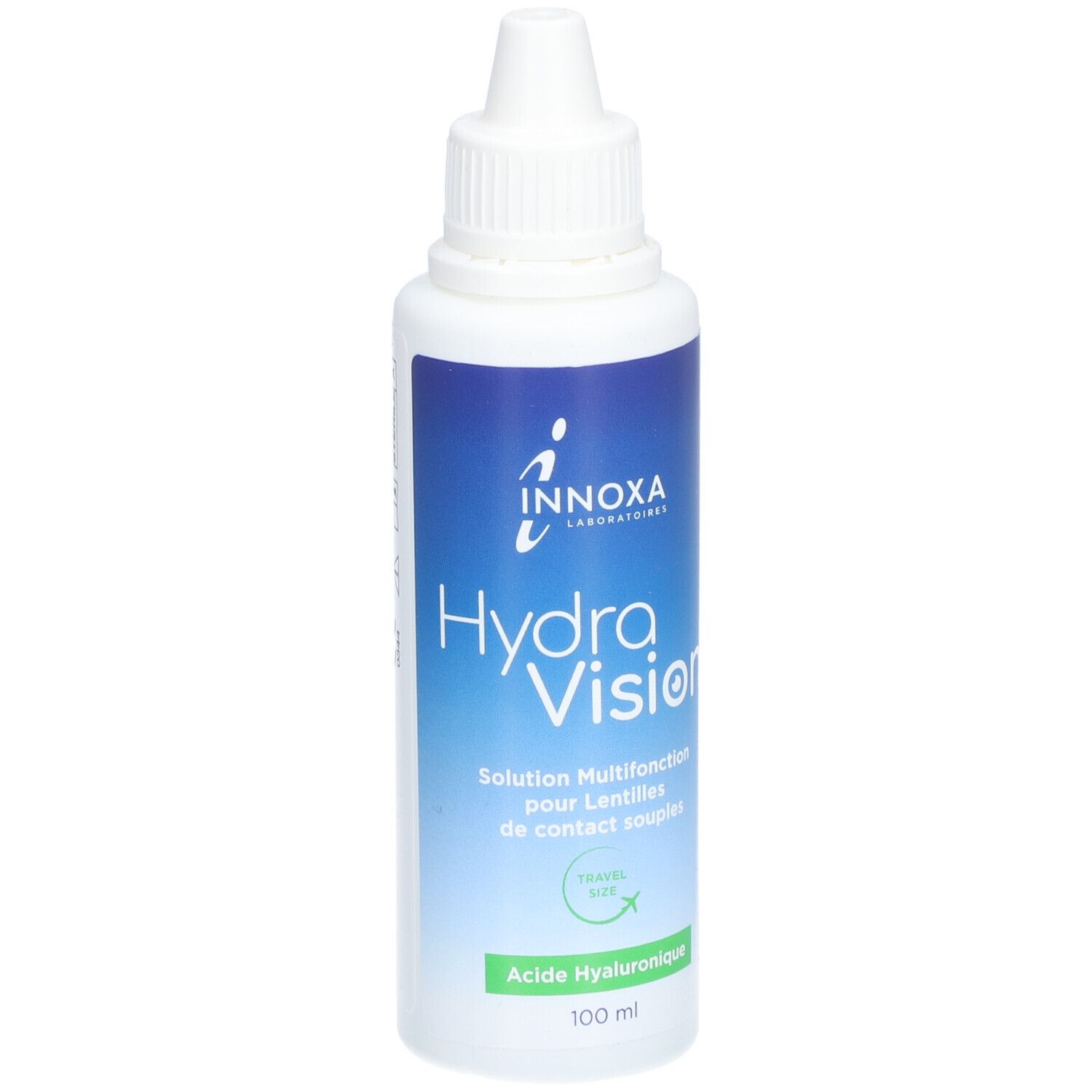 Flacon blanc avec étiquette bleue. INNOXA Hydra Vision, solution pour lentilles. Contient de l'acide hyaluronique. 100 ml.