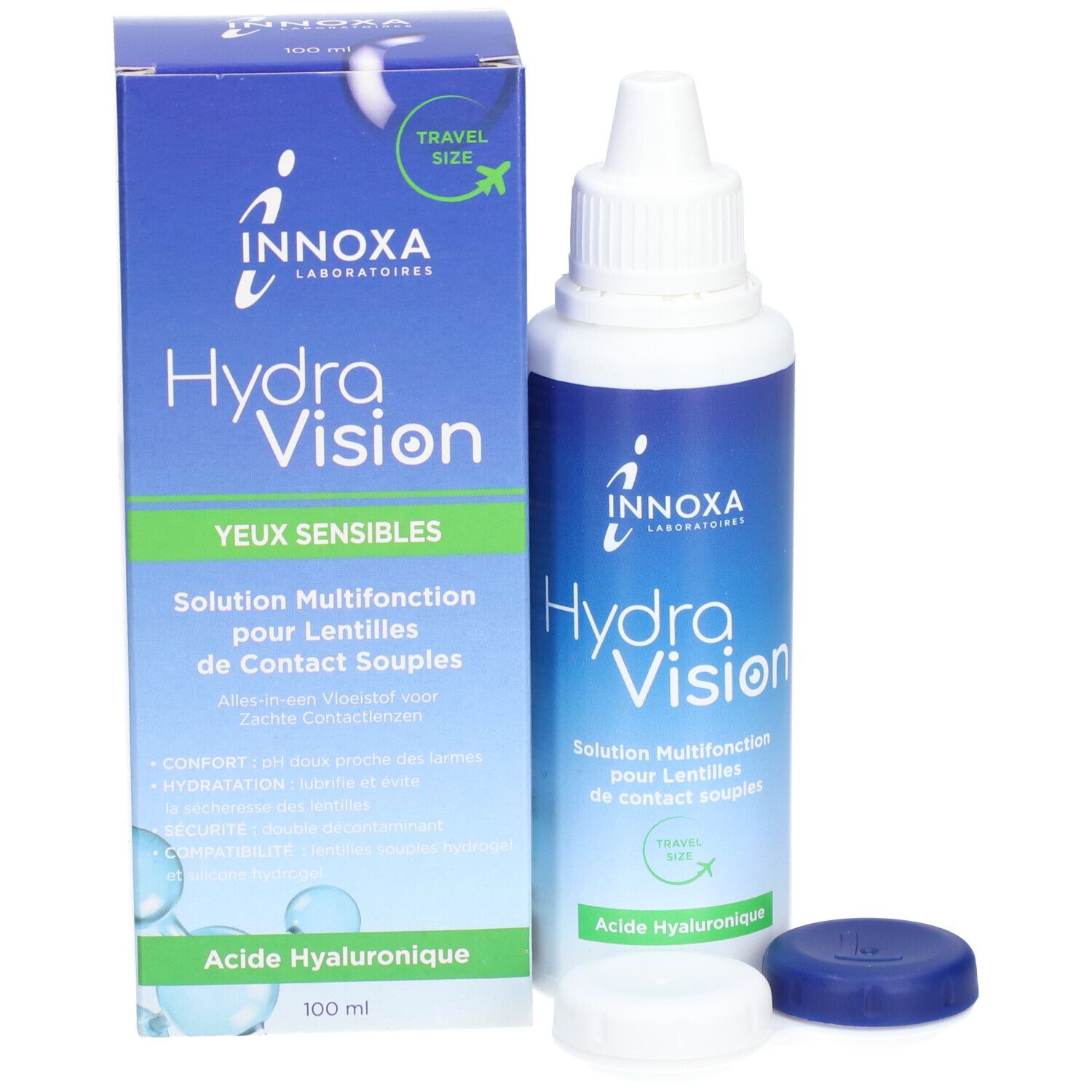 Emballage produit avec flacon, étui et couvercle. INNOXA Hydra Vision, solution pour lentilles. 100 ml.