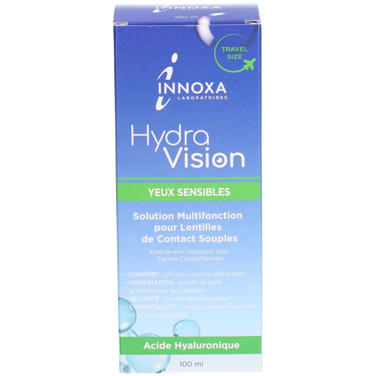 Emballage produit. INNOXA Hydra Vision, solution pour lentilles. Contient de l'acide hyaluronique. 100 ml. Pour yeux sensibles.