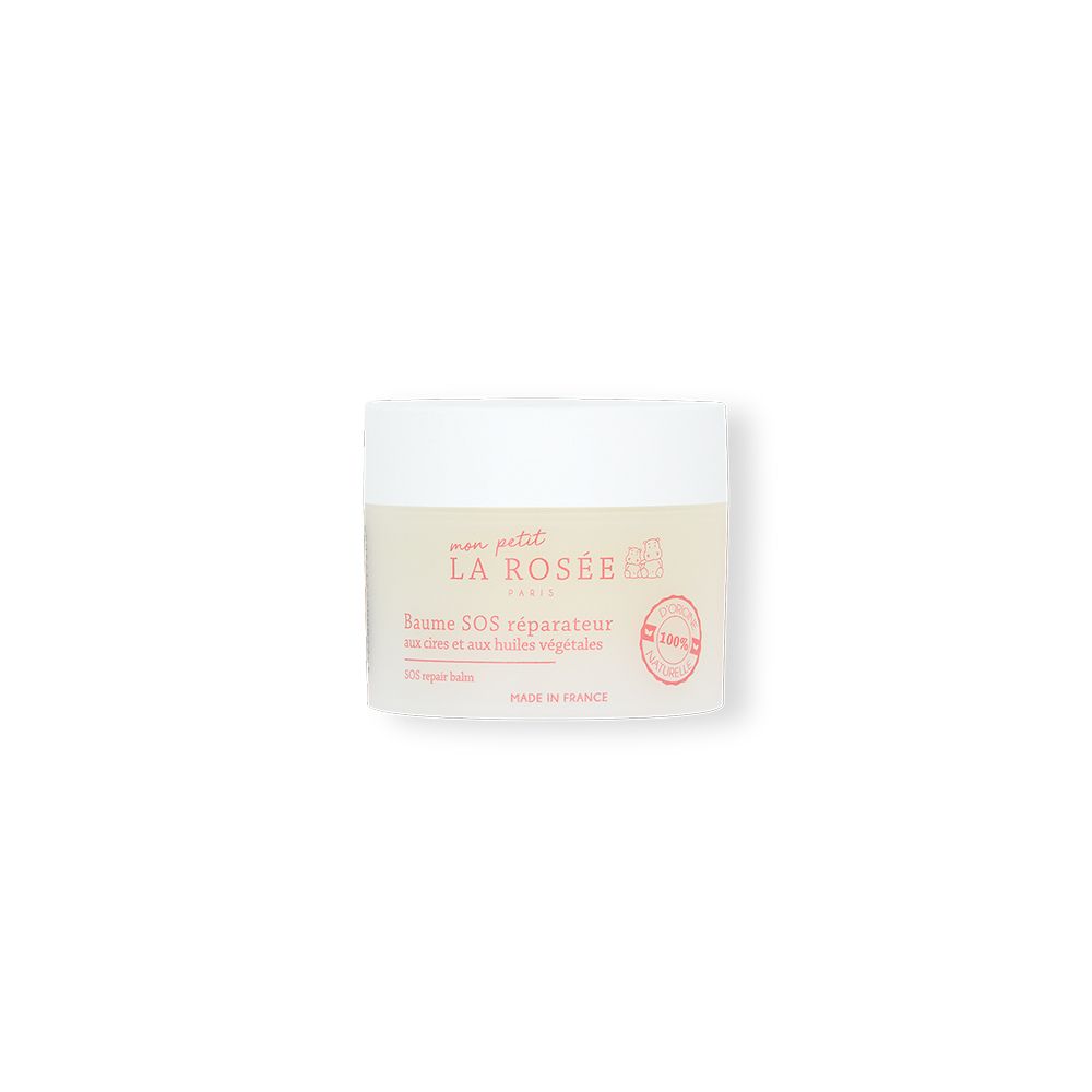 Pot de crème avec couvercle blanc. Inscription: LA ROSÉE Baume SOS réparateur. Logo et texte roses. Ingrédients 100% naturels.