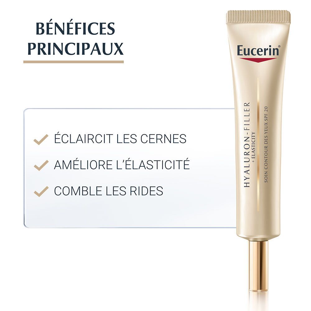 Tube de produit Eucerin. Bénéfices: éclaircit les cernes, améliore l'élasticité, comble les rides.