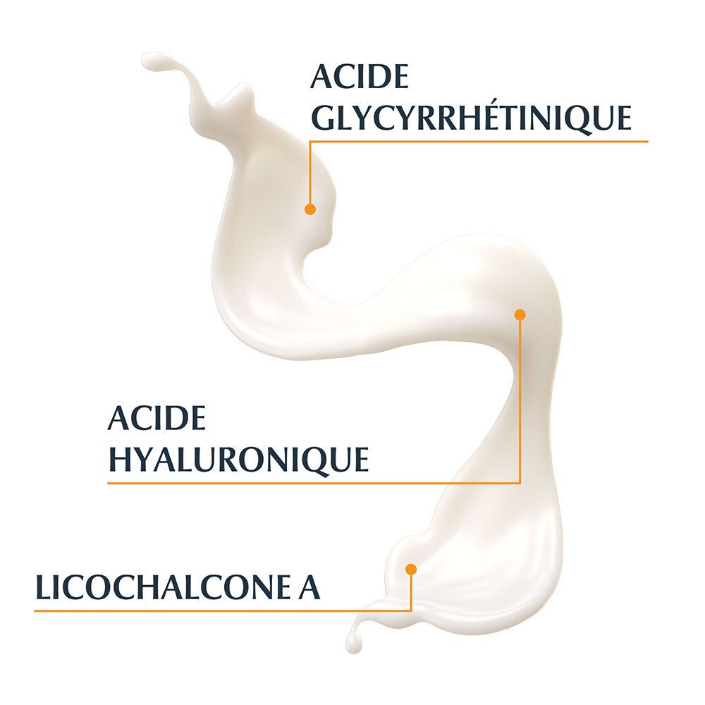 Éclaboussure de fluide avec les ingrédients acide hyaluronique, acide glycyrrhétinique et licochalcone A.